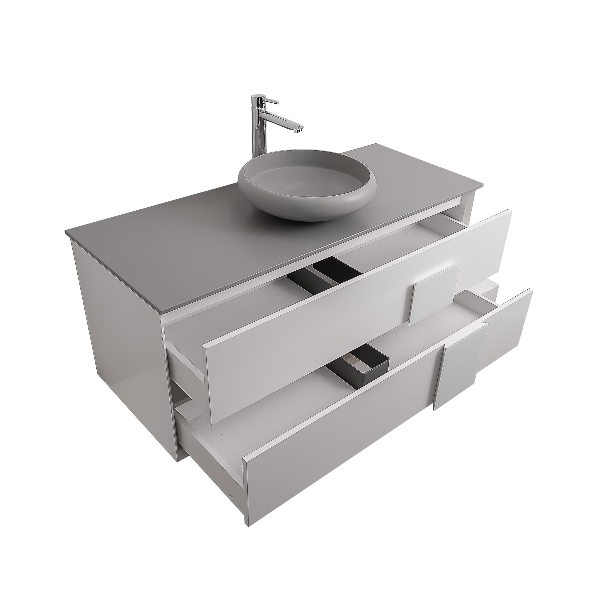 Piazza 47.5 Matte White With White Handle Cabinet, Solid Surface Flat Grey Counter and Round Solid Surface Grey Basin 1153, Wall Mounted Modern Vanity Set