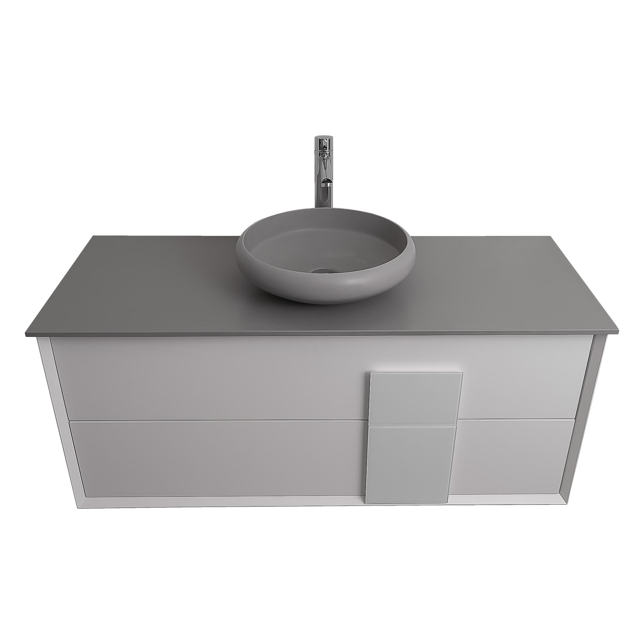 Piazza 47.5 Matte White With White Handle Cabinet, Solid Surface Flat Grey Counter and Round Solid Surface Grey Basin 1153, Wall Mounted Modern Vanity Set
