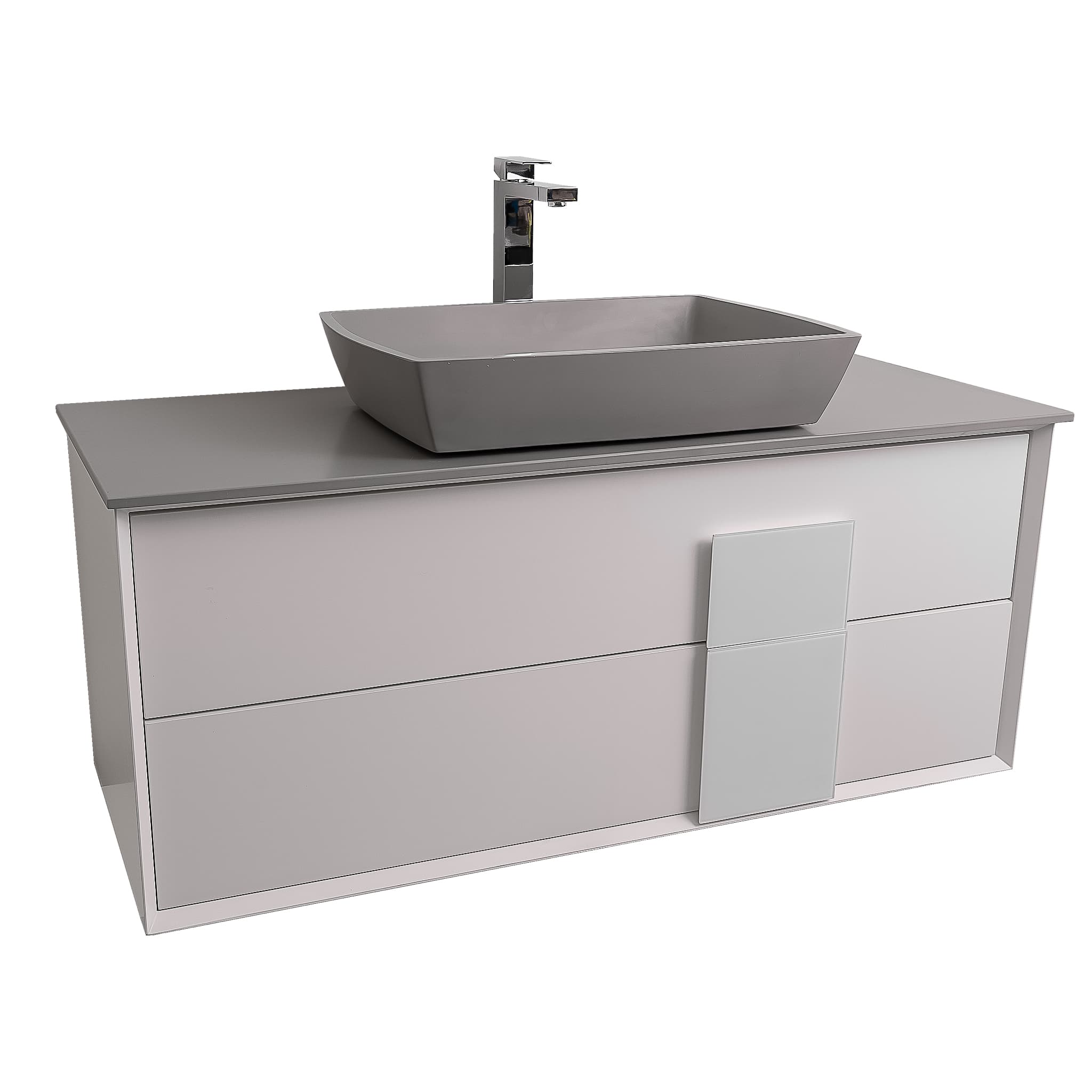 Piazza 47.5 Matte White With White Handle Cabinet, Solid Surface Flat Grey Counter and Square Solid Surface Grey Basin 1316, Wall Mounted Modern Vanity Set