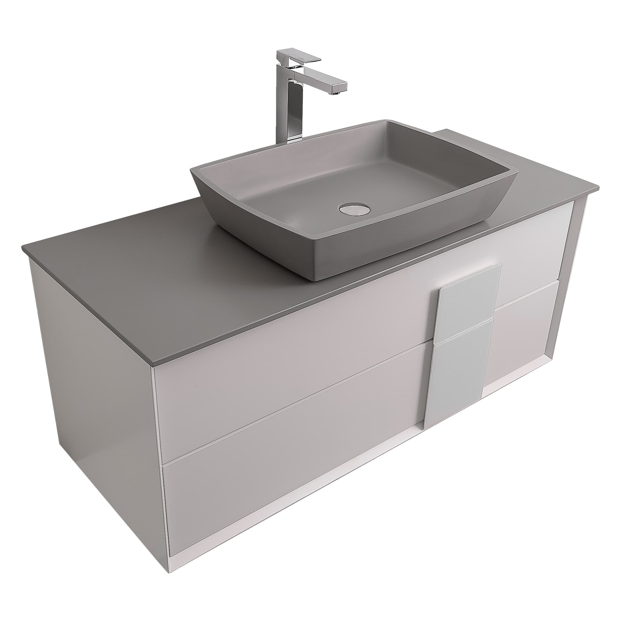 Piazza 47.5 Matte White With White Handle Cabinet, Solid Surface Flat Grey Counter and Square Solid Surface Grey Basin 1316, Wall Mounted Modern Vanity Set