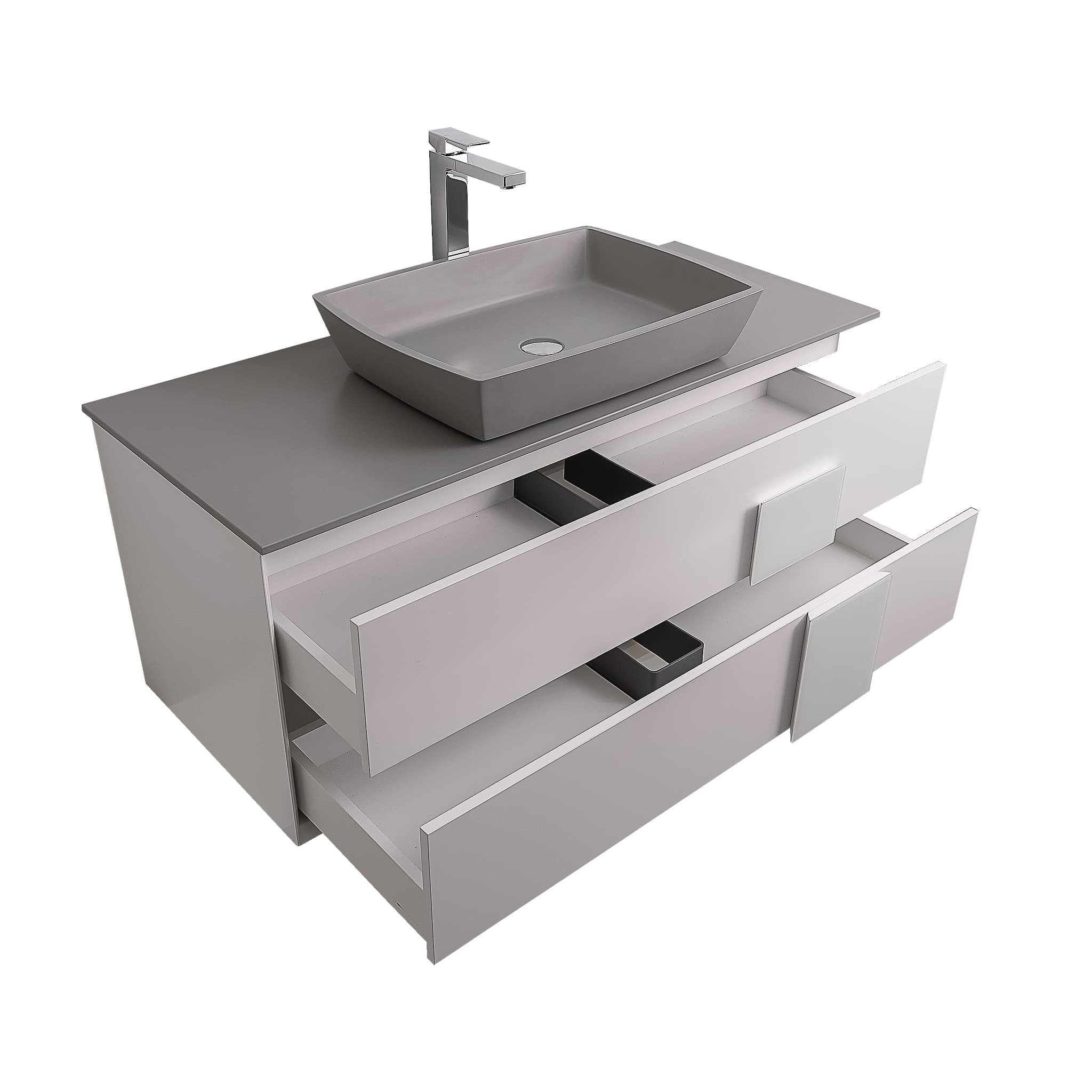Piazza 47.5 Matte White With White Handle Cabinet, Solid Surface Flat Grey Counter and Square Solid Surface Grey Basin 1316, Wall Mounted Modern Vanity Set