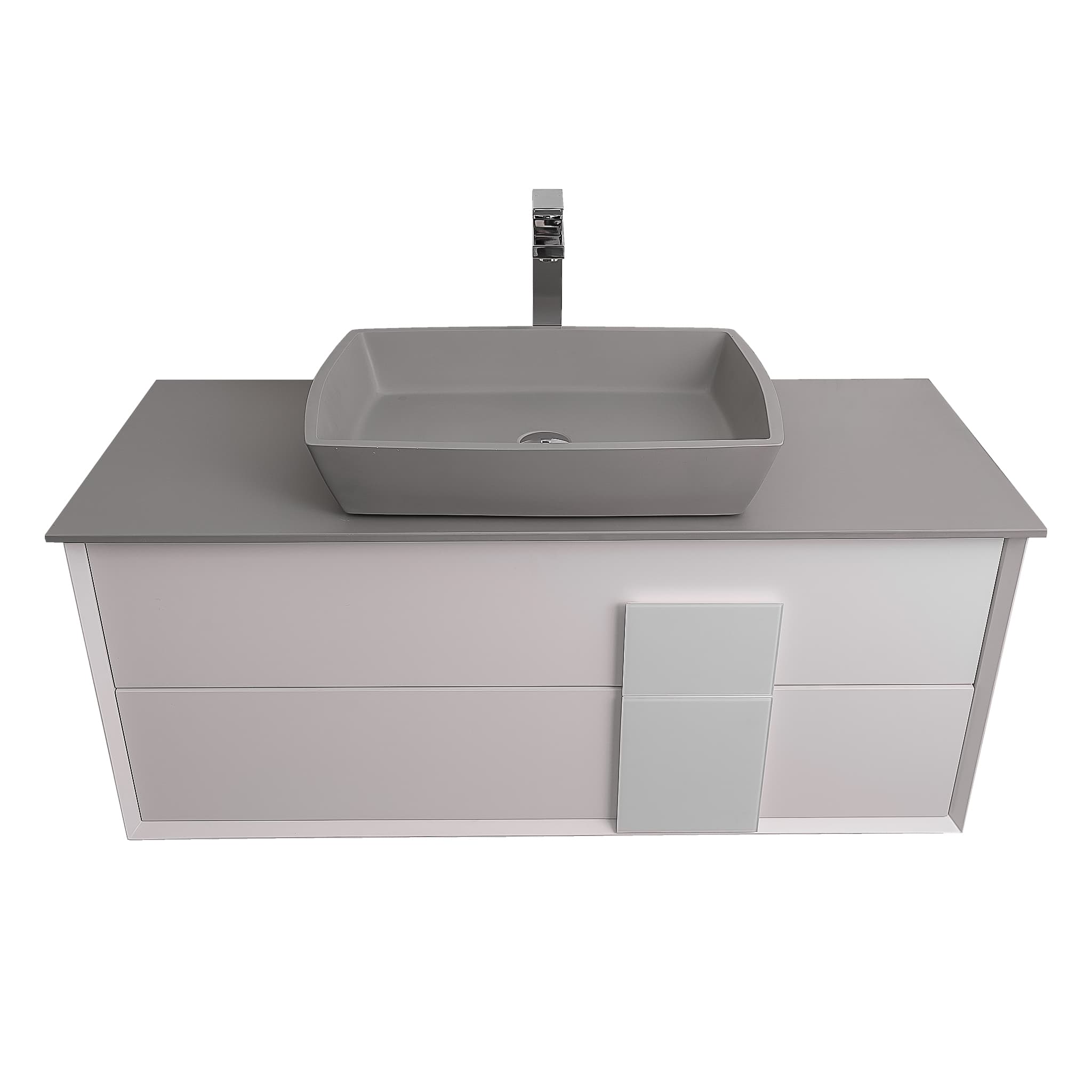 Piazza 47.5 Matte White With White Handle Cabinet, Solid Surface Flat Grey Counter and Square Solid Surface Grey Basin 1316, Wall Mounted Modern Vanity Set