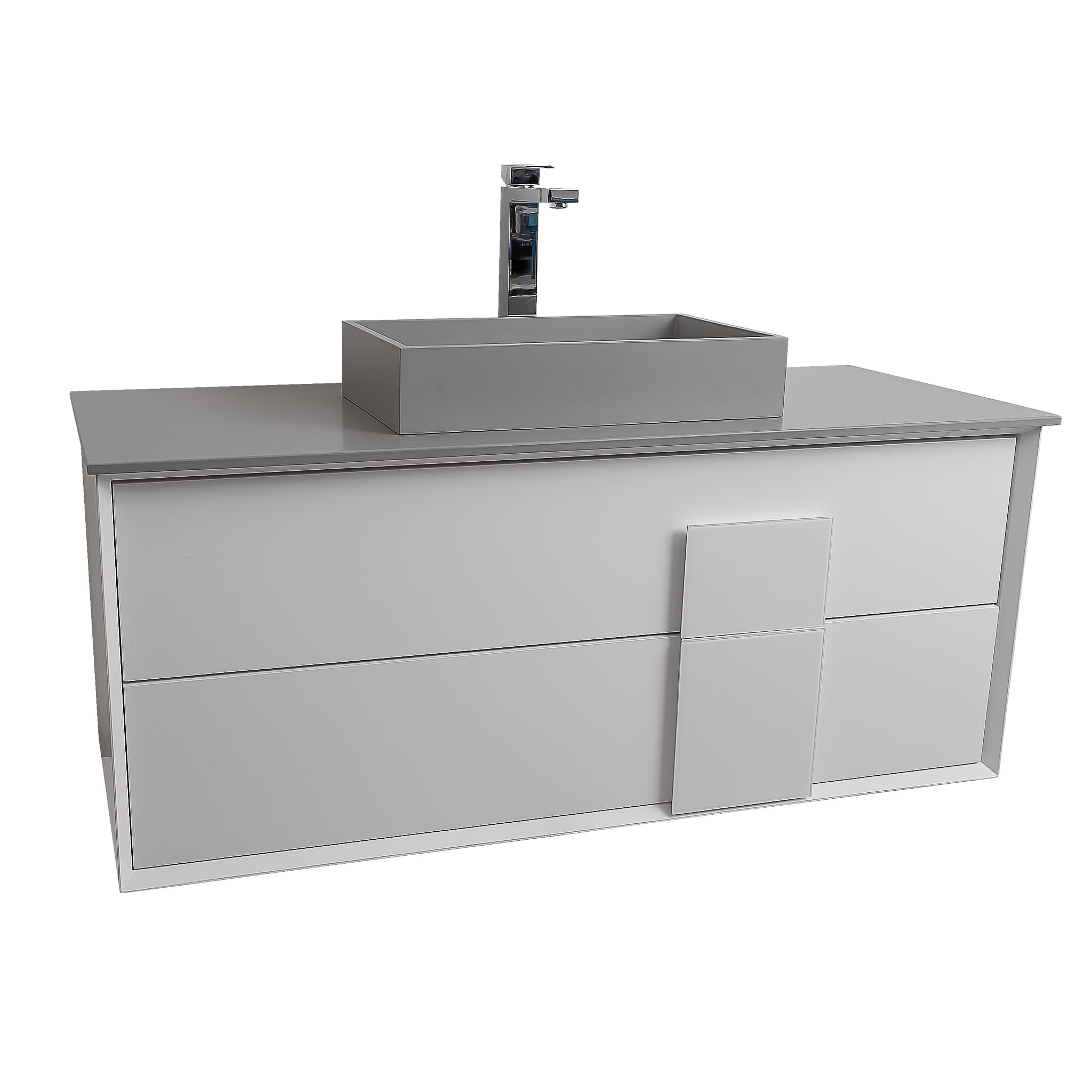 Piazza 47.5 Matte White With White Handle Cabinet, Solid Surface Flat Grey Counter and Infinity Square Solid Surface Grey Basin 1329, Wall Mounted Modern Vanity Set