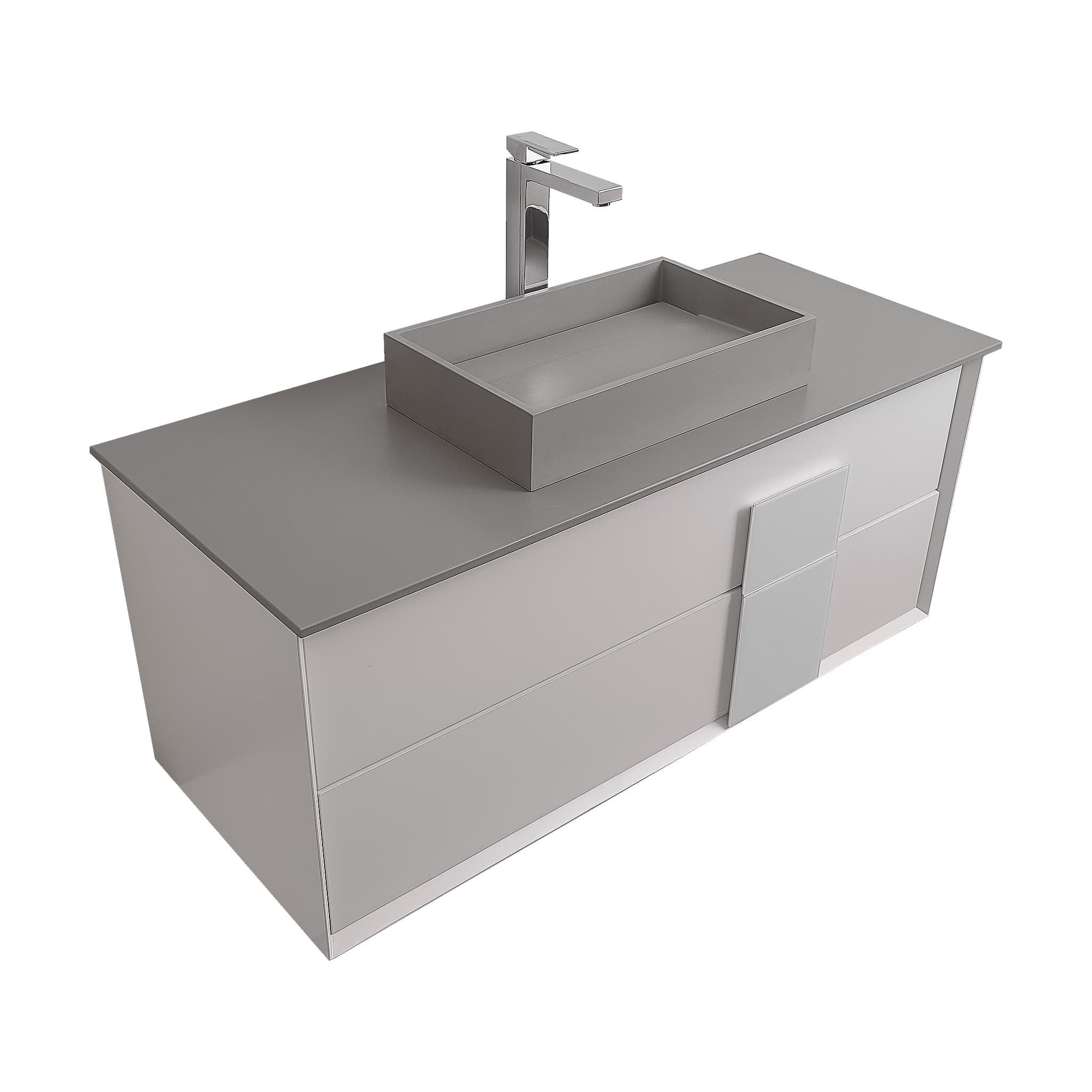 Piazza 47.5 Matte White With White Handle Cabinet, Solid Surface Flat Grey Counter and Infinity Square Solid Surface Grey Basin 1329, Wall Mounted Modern Vanity Set