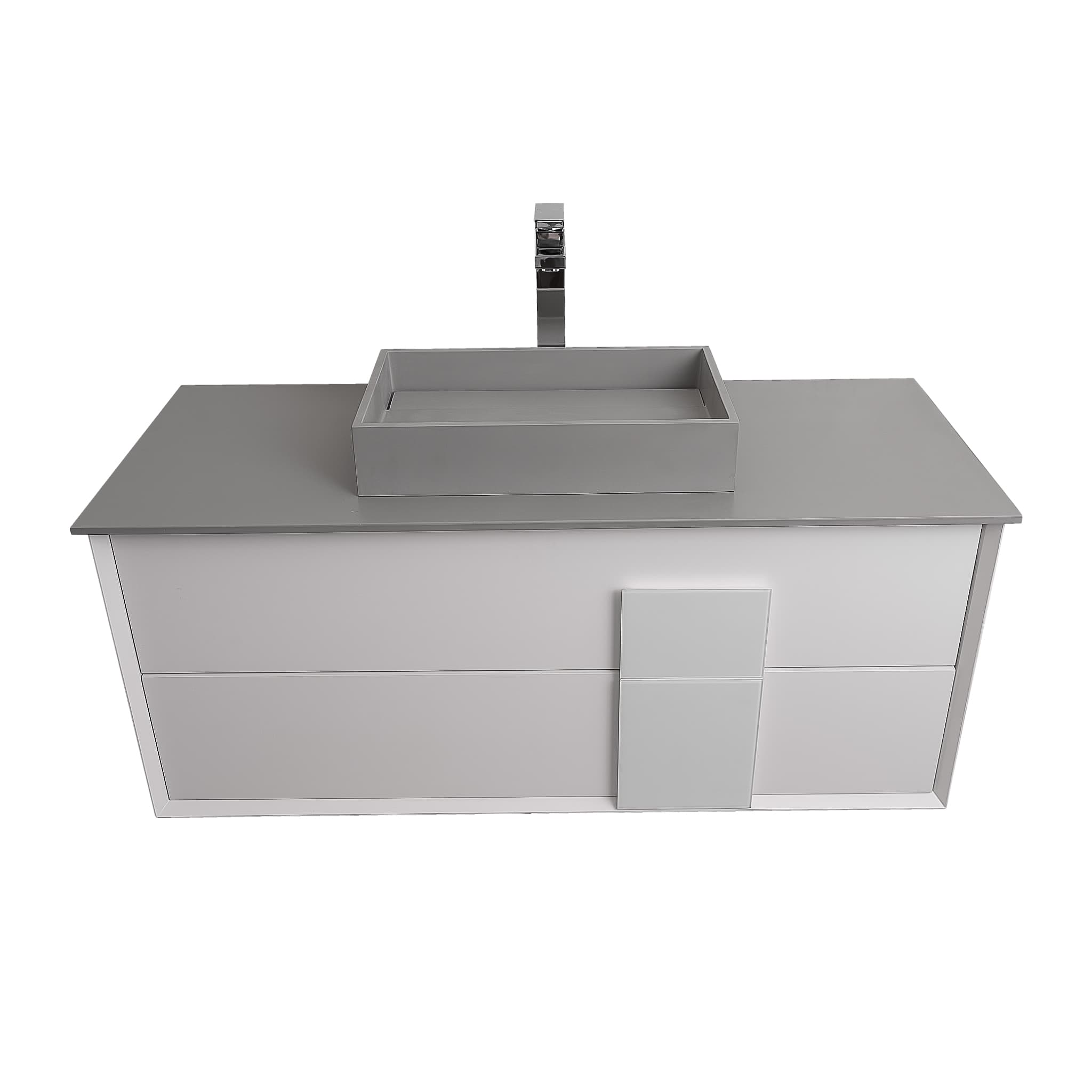 Piazza 47.5 Matte White With White Handle Cabinet, Solid Surface Flat Grey Counter and Infinity Square Solid Surface Grey Basin 1329, Wall Mounted Modern Vanity Set