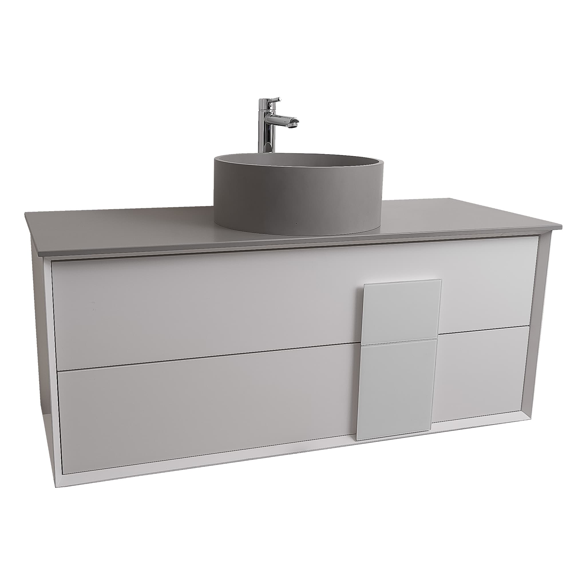 Piazza 47.5 Matte White With White Handle Cabinet, Solid Surface Flat Grey Counter and Round Solid Surface Grey Basin 1386, Wall Mounted Modern Vanity Set