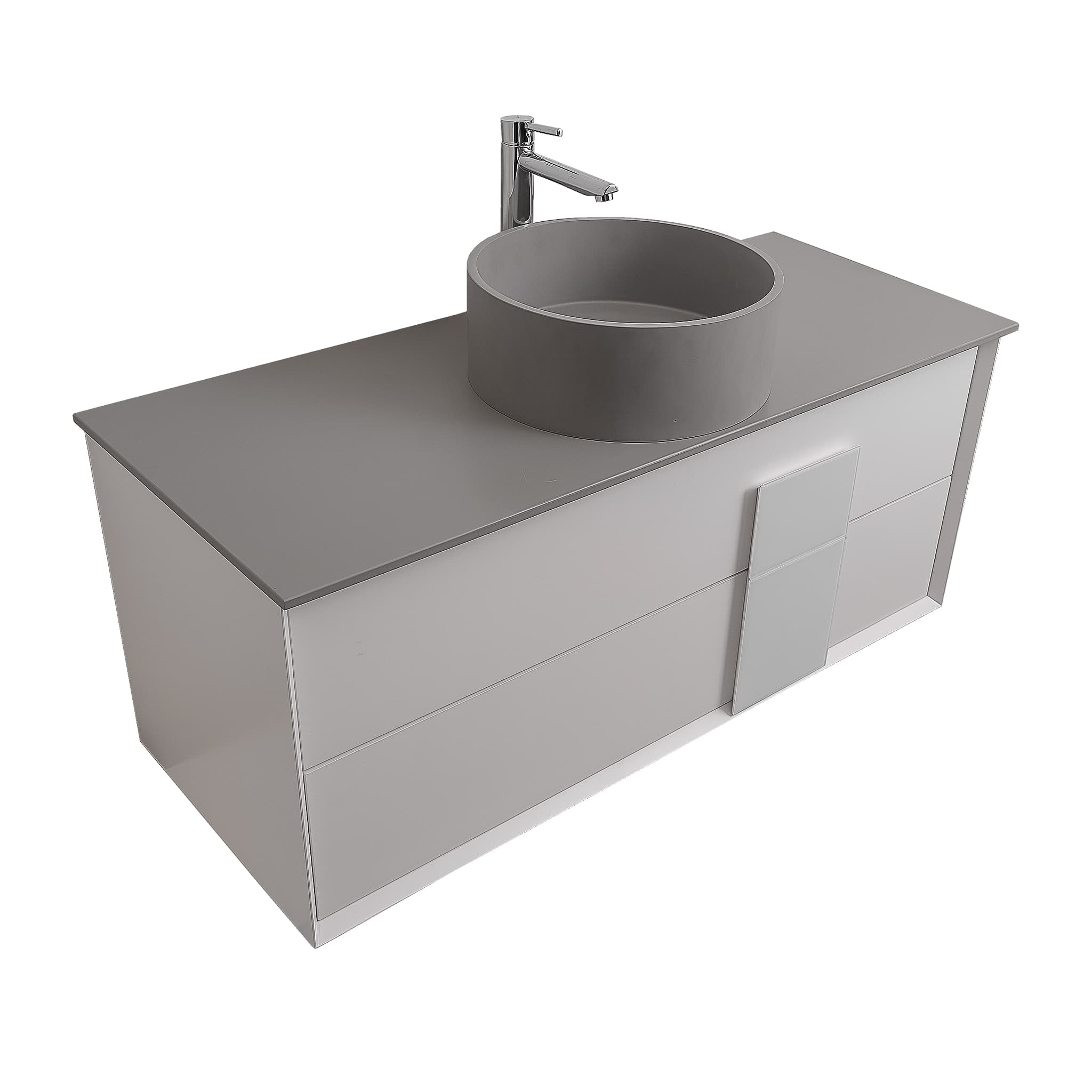 Piazza 47.5 Matte White With White Handle Cabinet, Solid Surface Flat Grey Counter and Round Solid Surface Grey Basin 1386, Wall Mounted Modern Vanity Set