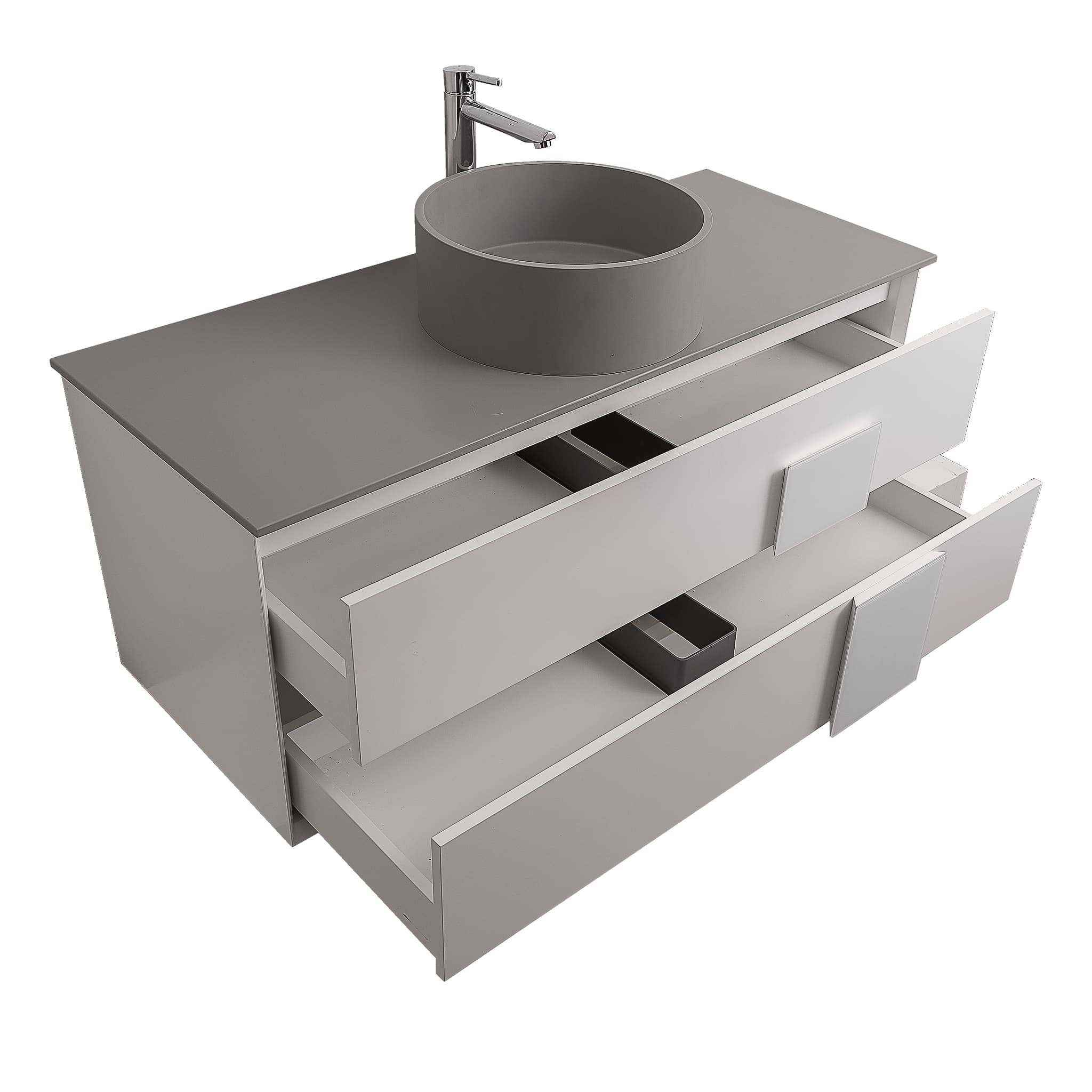 Piazza 47.5 Matte White With White Handle Cabinet, Solid Surface Flat Grey Counter and Round Solid Surface Grey Basin 1386, Wall Mounted Modern Vanity Set