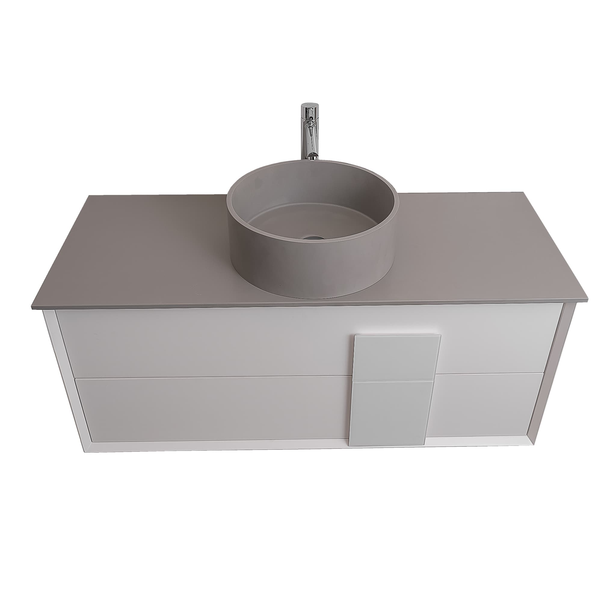 Piazza 47.5 Matte White With White Handle Cabinet, Solid Surface Flat Grey Counter and Round Solid Surface Grey Basin 1386, Wall Mounted Modern Vanity Set