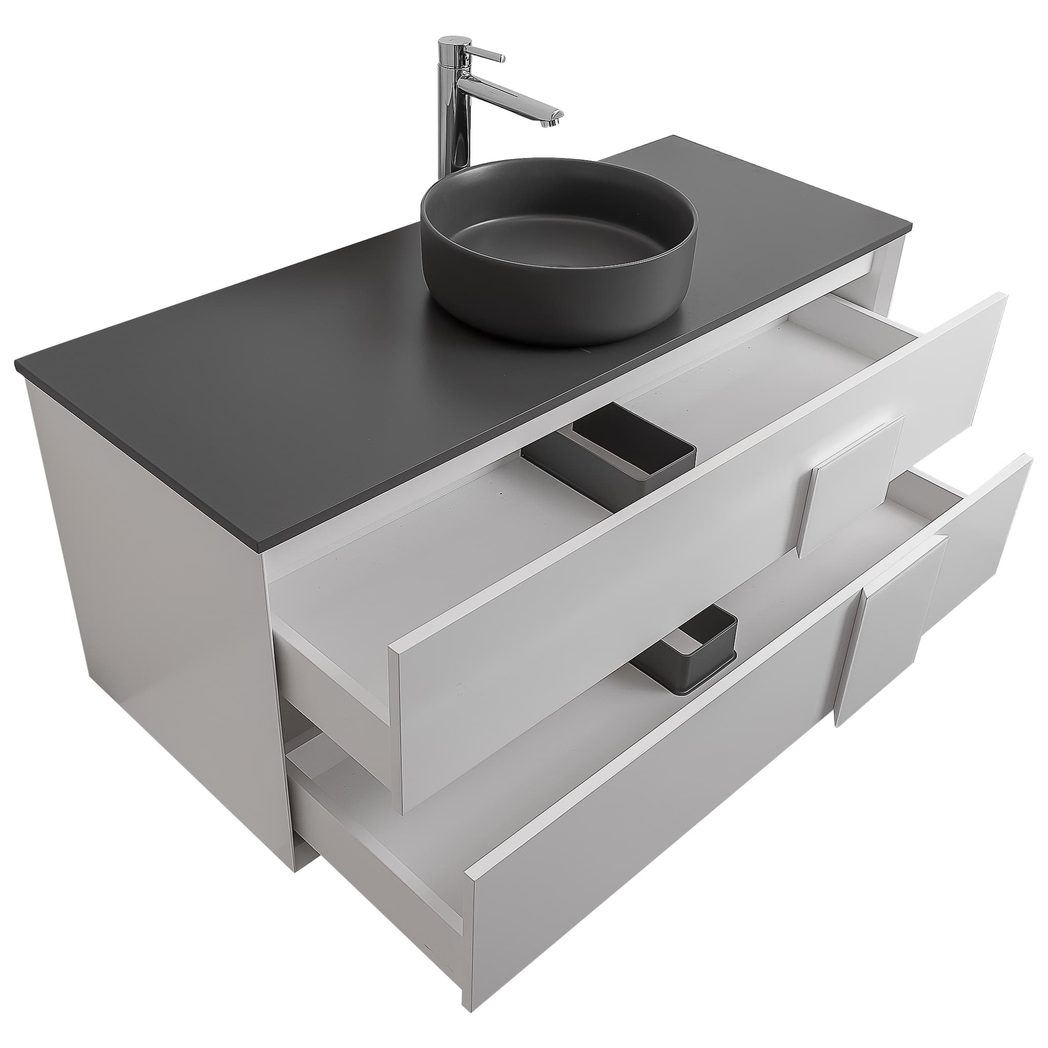 Piazza 47.5 Matte White With White Handle Cabinet, Ares Grey Ceniza Top and Ares Grey Ceniza Ceramic Basin, Wall Mounted Modern Vanity Set