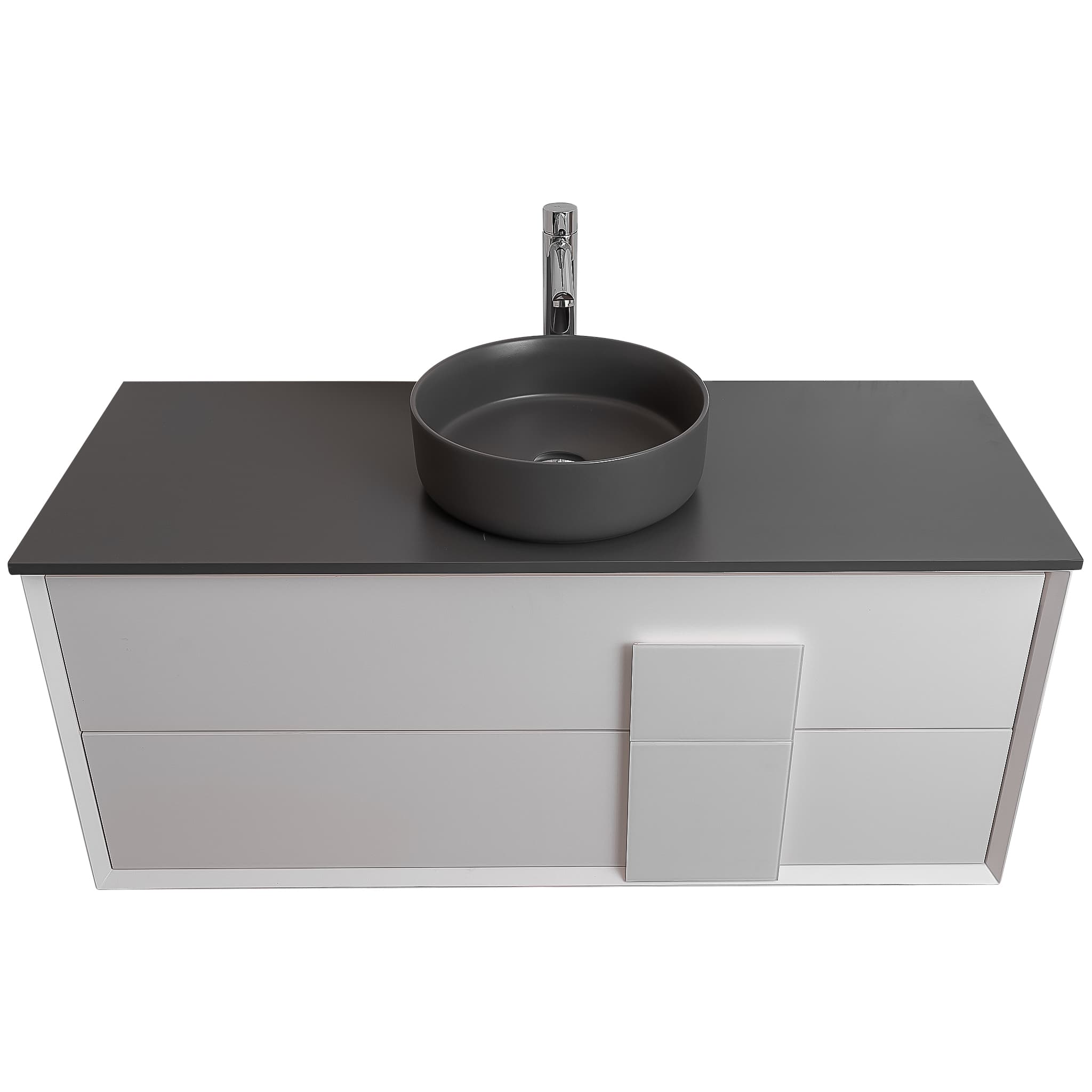 Piazza 47.5 Matte White With White Handle Cabinet, Ares Grey Ceniza Top and Ares Grey Ceniza Ceramic Basin, Wall Mounted Modern Vanity Set