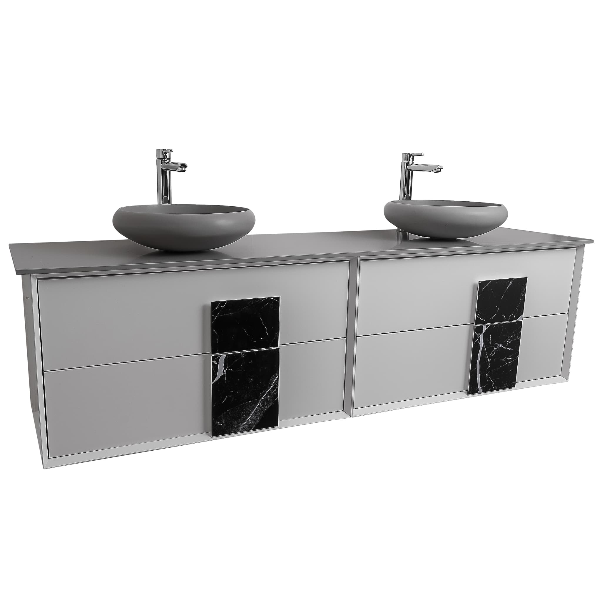 Piazza 63 Matte White With Black Marble Handle  Cabinet, Solid Surface Flat Grey Counter and Two Round Solid Surface Grey Basin 1153, Wall Mounted Modern Vanity Set