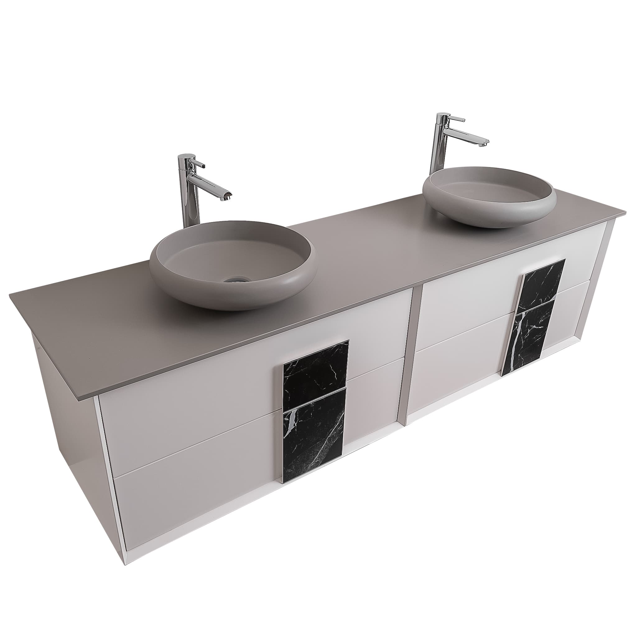 Piazza 63 Matte White With Black Marble Handle  Cabinet, Solid Surface Flat Grey Counter and Two Round Solid Surface Grey Basin 1153, Wall Mounted Modern Vanity Set