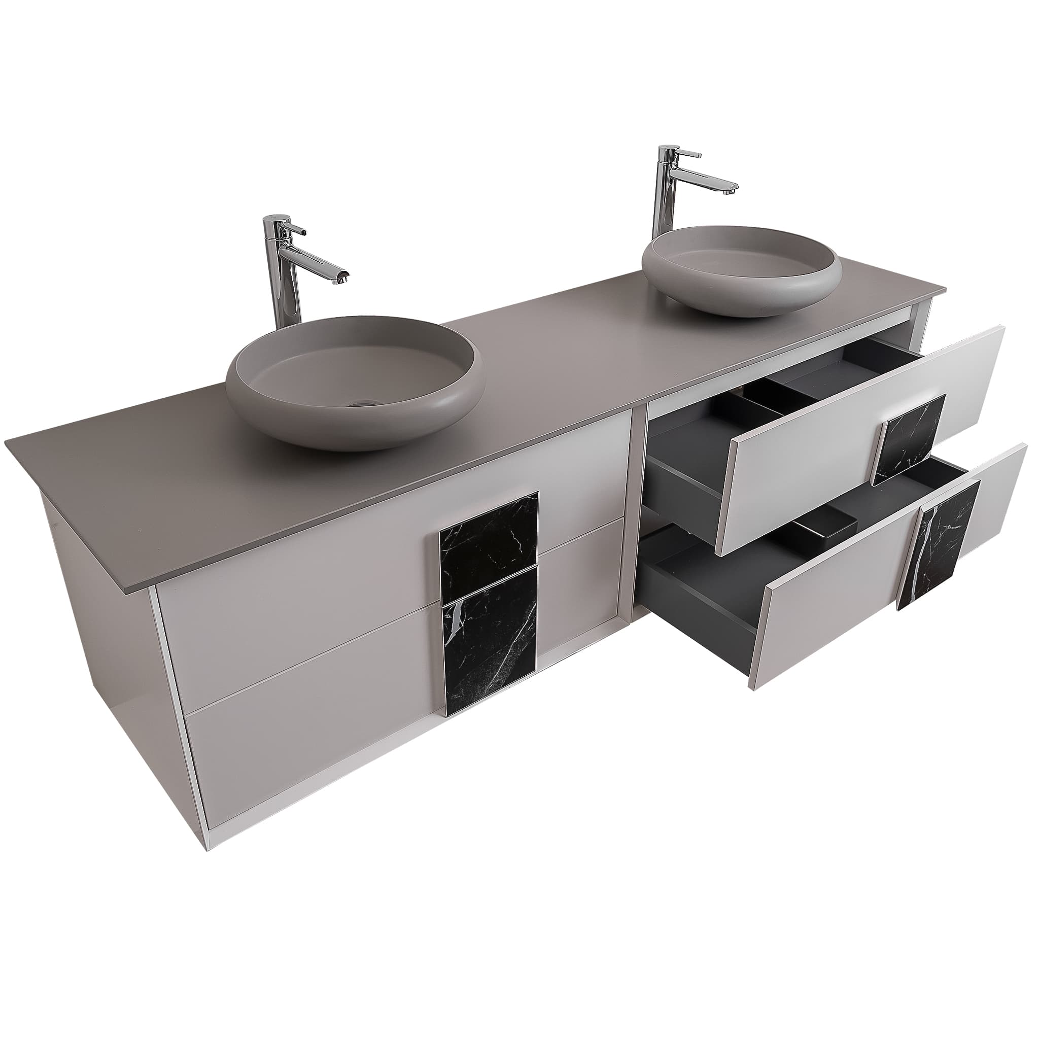 Piazza 63 Matte White With Black Marble Handle  Cabinet, Solid Surface Flat Grey Counter and Two Round Solid Surface Grey Basin 1153, Wall Mounted Modern Vanity Set