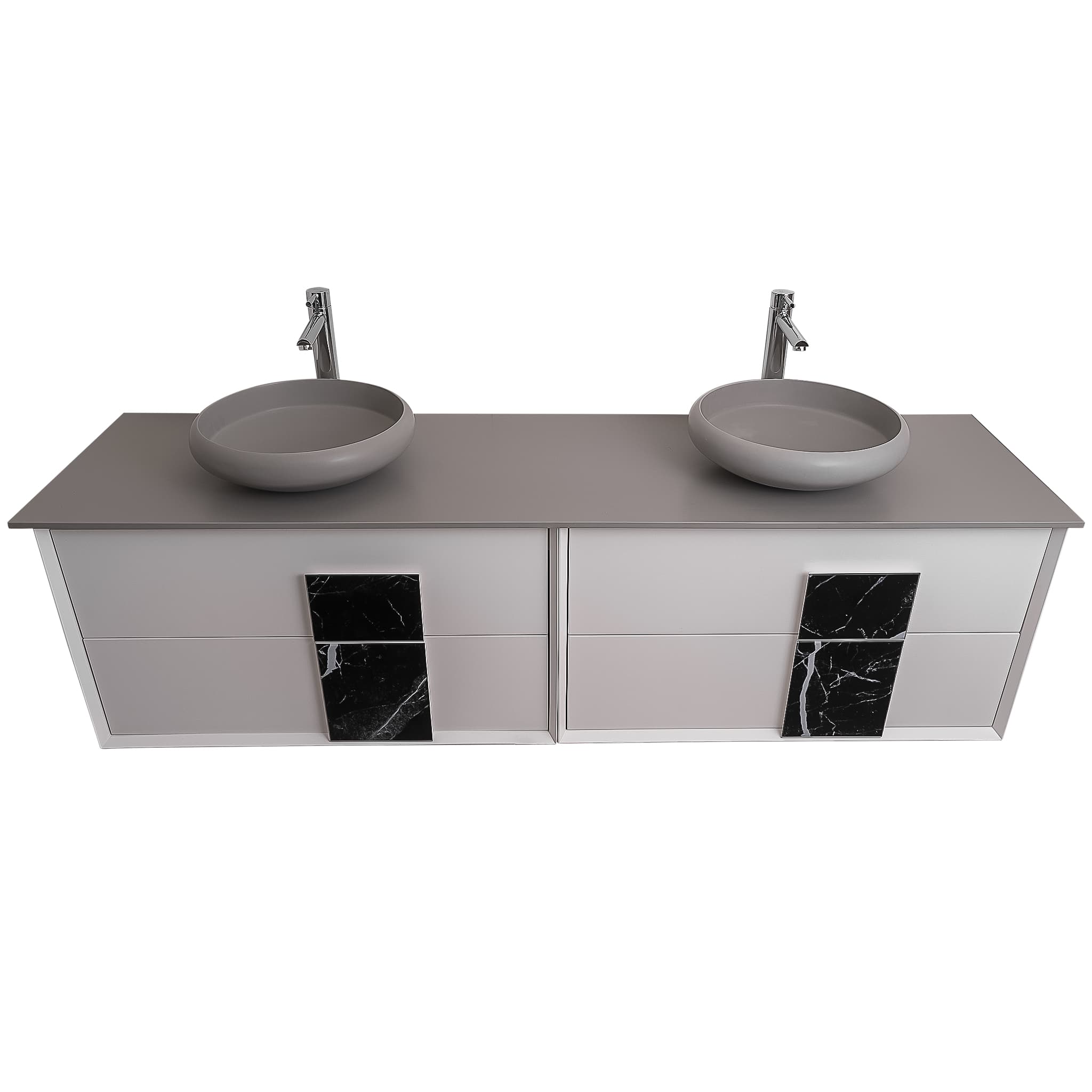 Piazza 63 Matte White With Black Marble Handle  Cabinet, Solid Surface Flat Grey Counter and Two Round Solid Surface Grey Basin 1153, Wall Mounted Modern Vanity Set