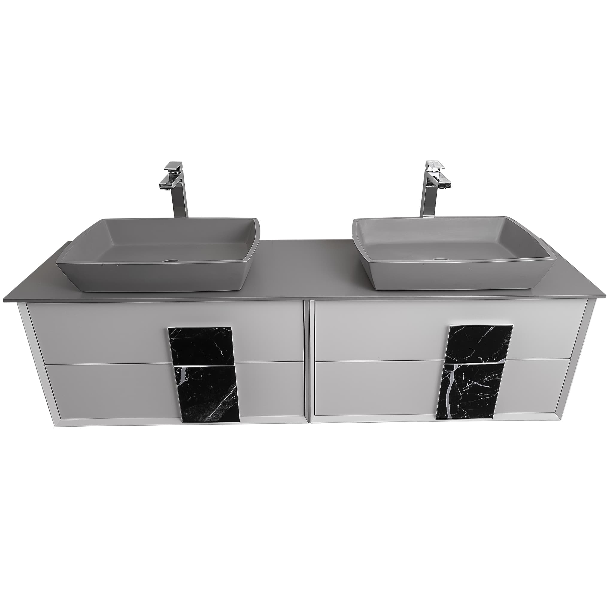 Piazza 63 Matte White With Black Marble Handle  Cabinet, Solid Surface Flat Grey Counter and Two Infinity Square Solid Surface Grey Basin 1329, Wall Mounted Modern Vanity Set