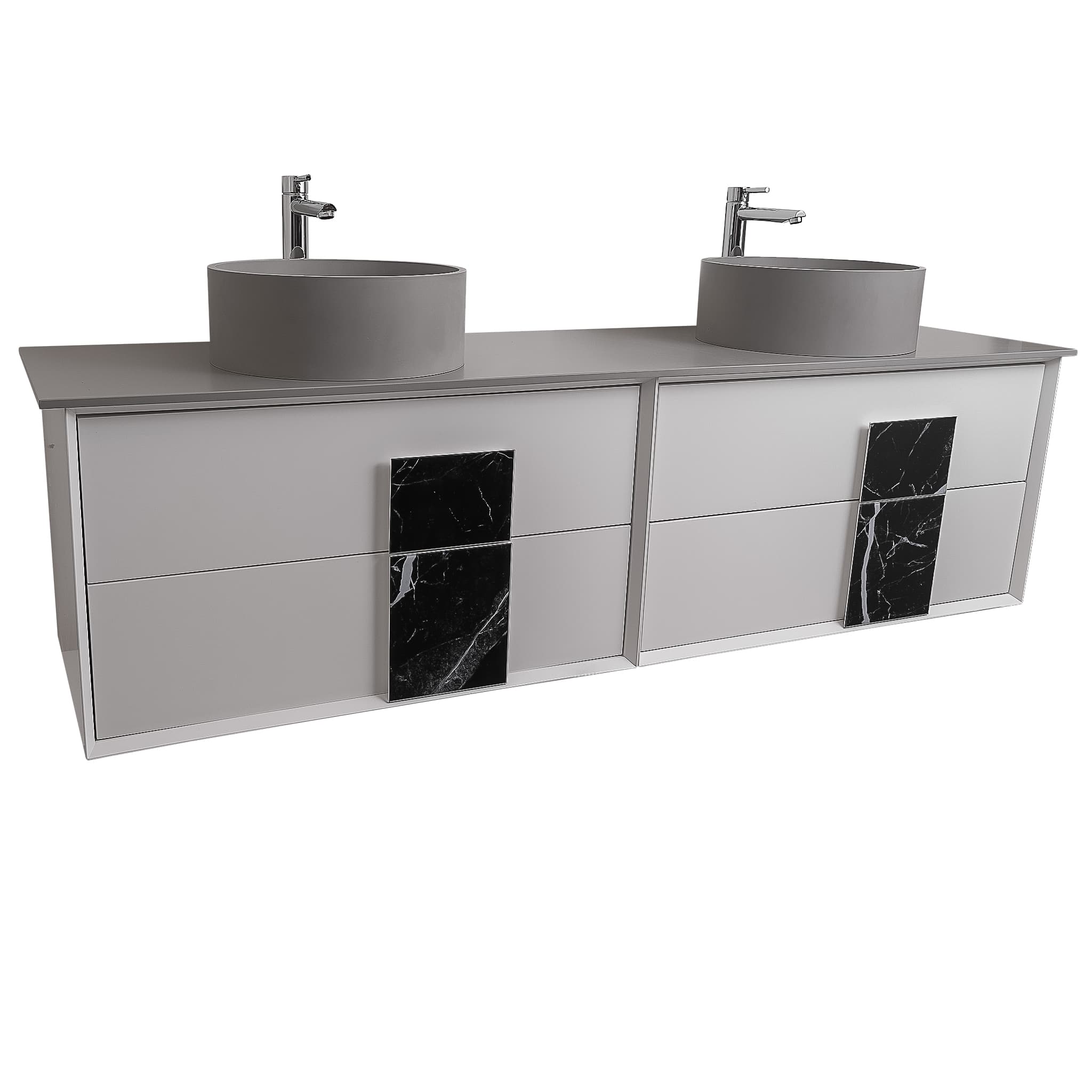 Piazza 63 Matte White With Black Marble Handle Cabinet, Solid Surface Flat Grey Counter and Two Round Solid Surface Grey Basin 1386, Wall Mounted Modern Vanity Set 