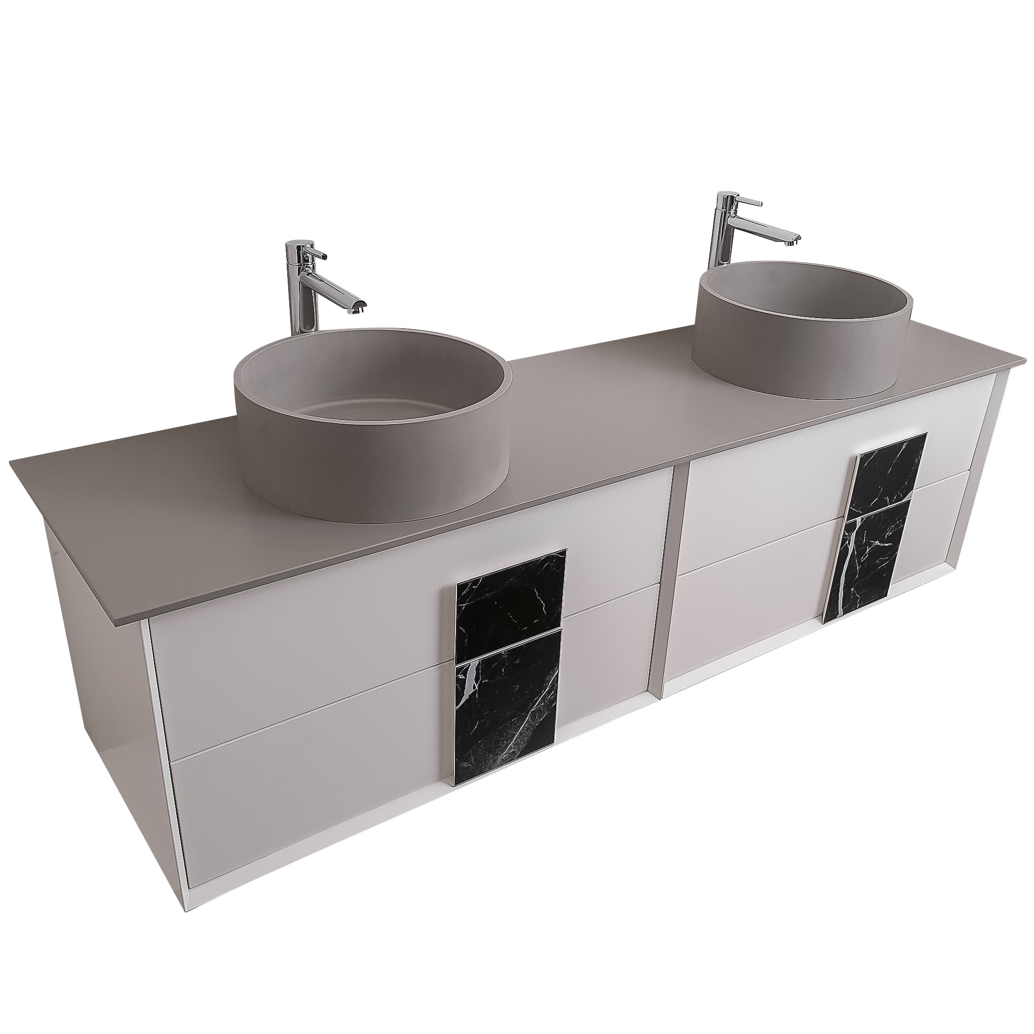 Piazza 63 Matte White With Black Marble Handle Cabinet, Solid Surface Flat Grey Counter and Two Round Solid Surface Grey Basin 1386, Wall Mounted Modern Vanity Set