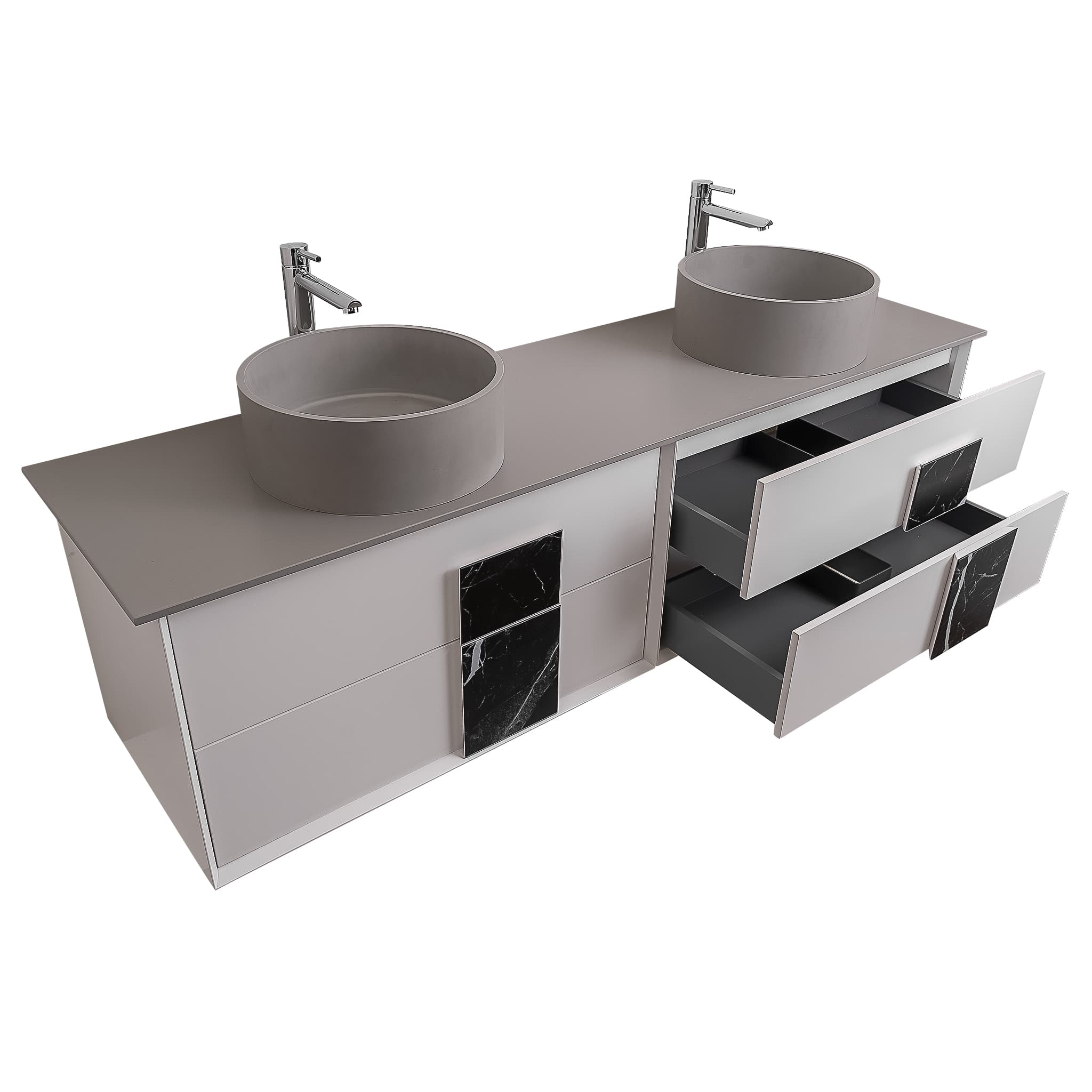 Piazza 63 Matte White With Black Marble Handle Cabinet, Solid Surface Flat Grey Counter and Two Round Solid Surface Grey Basin 1386, Wall Mounted Modern Vanity Set