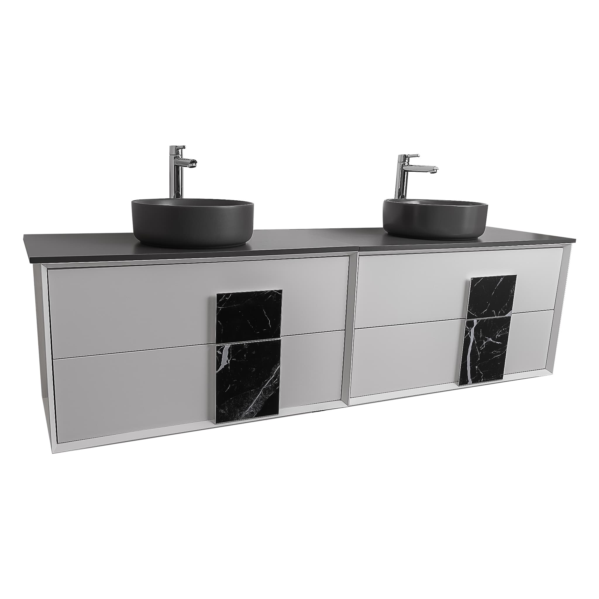 Piazza 63 Matte White With Black Marble Handle Cabinet, Ares Grey Ceniza Top and Two Ares Grey Ceniza Ceramic Basin, Wall Mounted Modern Vanity Set