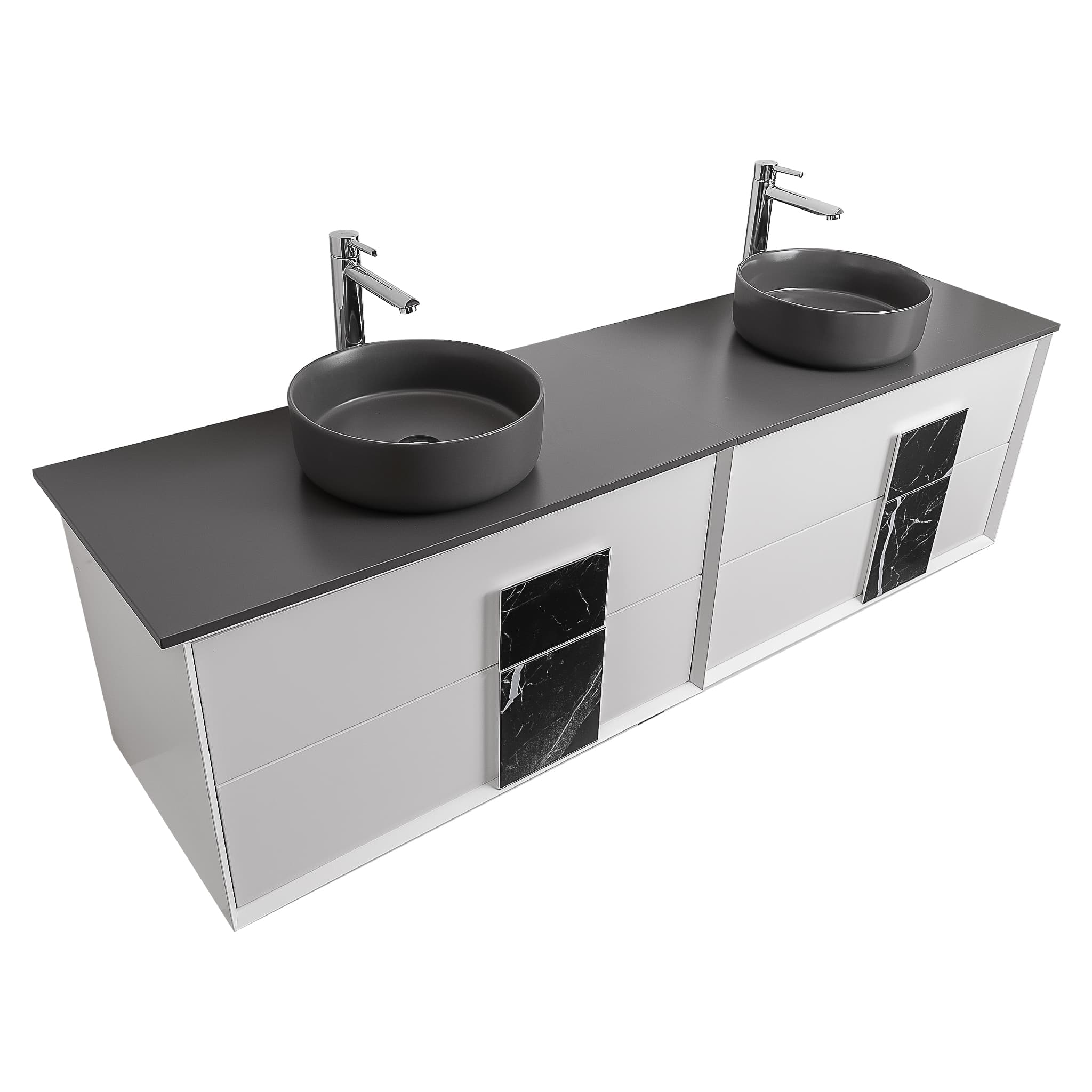 Piazza 63 Matte White With Black Marble Handle Cabinet, Ares Grey Ceniza Top and Two Ares Grey Ceniza Ceramic Basin, Wall Mounted Modern Vanity Set