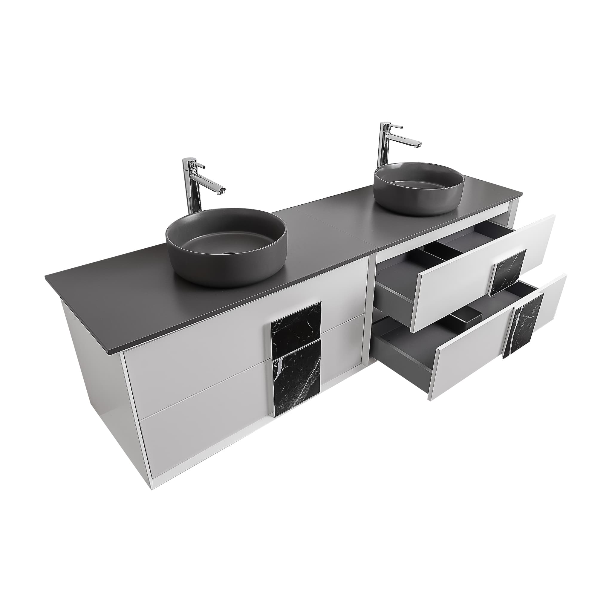 Piazza 63 Matte White With Black Marble Handle Cabinet, Ares Grey Ceniza Top and Two Ares Grey Ceniza Ceramic Basin, Wall Mounted Modern Vanity Set