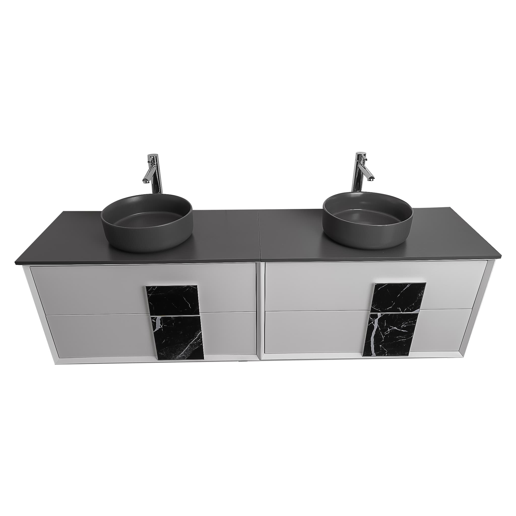Piazza 63 Matte White With Black Marble Handle Cabinet, Ares Grey Ceniza Top and Two Ares Grey Ceniza Ceramic Basin, Wall Mounted Modern Vanity Set