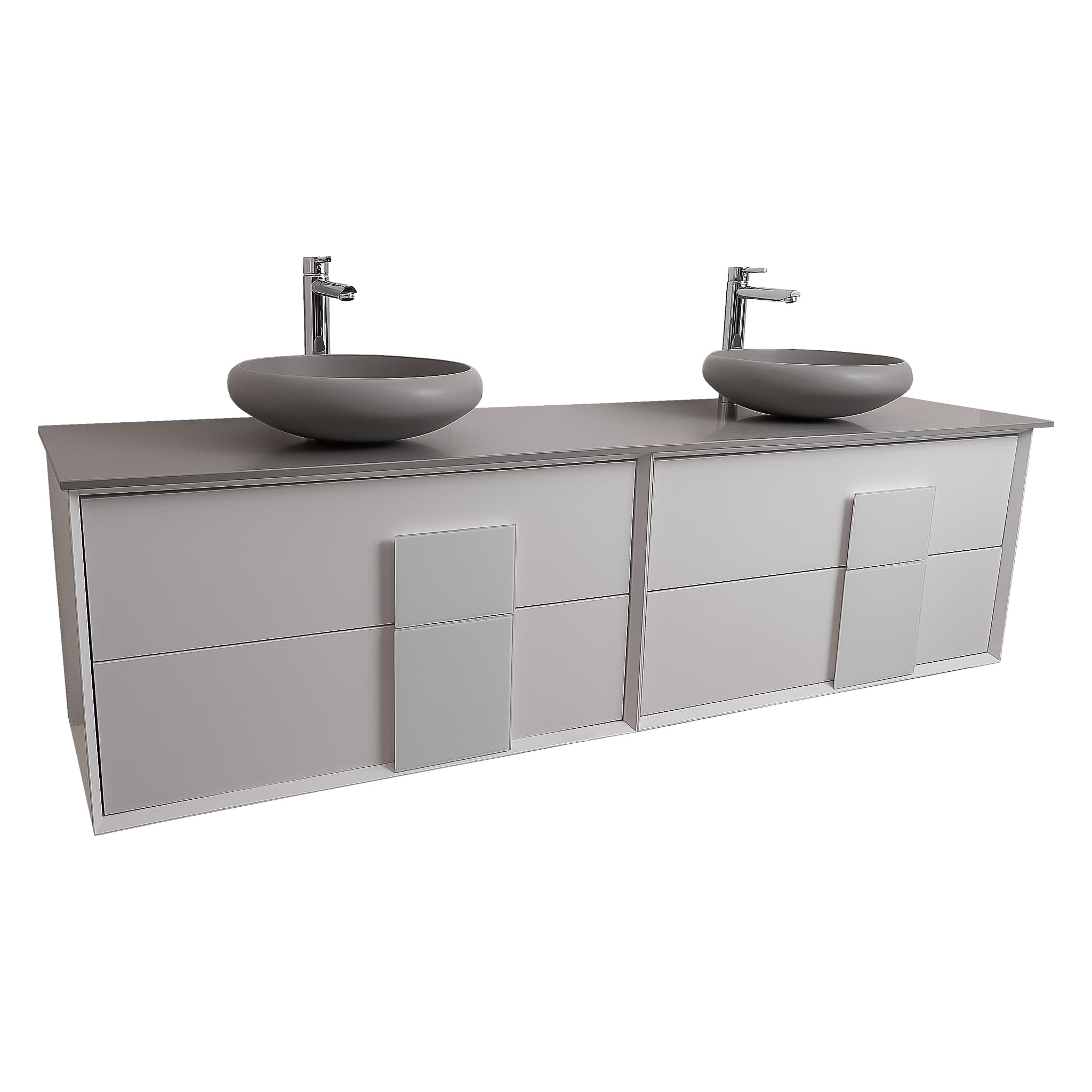 Piazza 63 Matte White With White Handle  Cabinet, Solid Surface Flat Grey Counter and Two Round Solid Surface Grey Basin 1153, Wall Mounted Modern Vanity Set