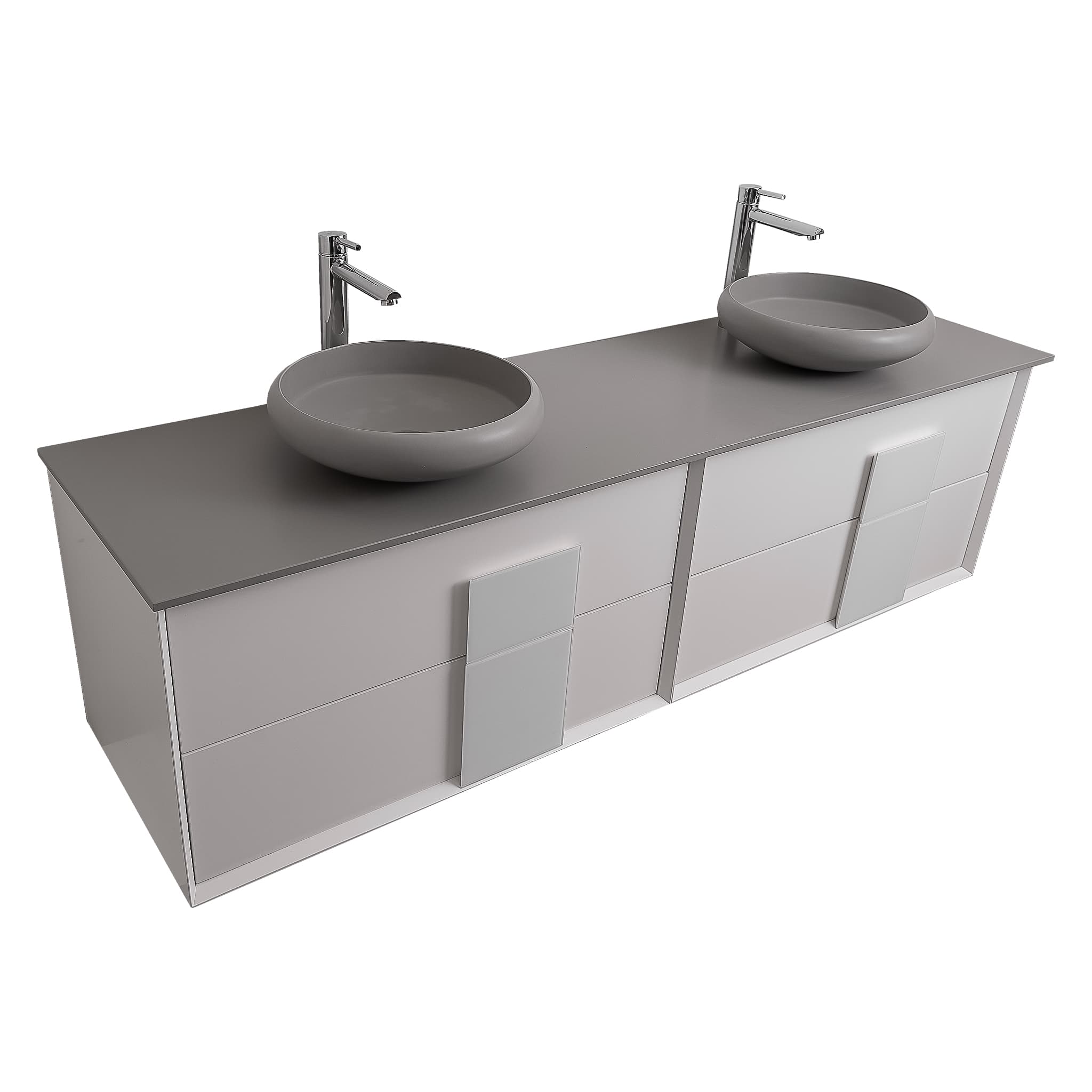 Piazza 63 Matte White With White Handle  Cabinet, Solid Surface Flat Grey Counter and Two Round Solid Surface Grey Basin 1153, Wall Mounted Modern Vanity Set