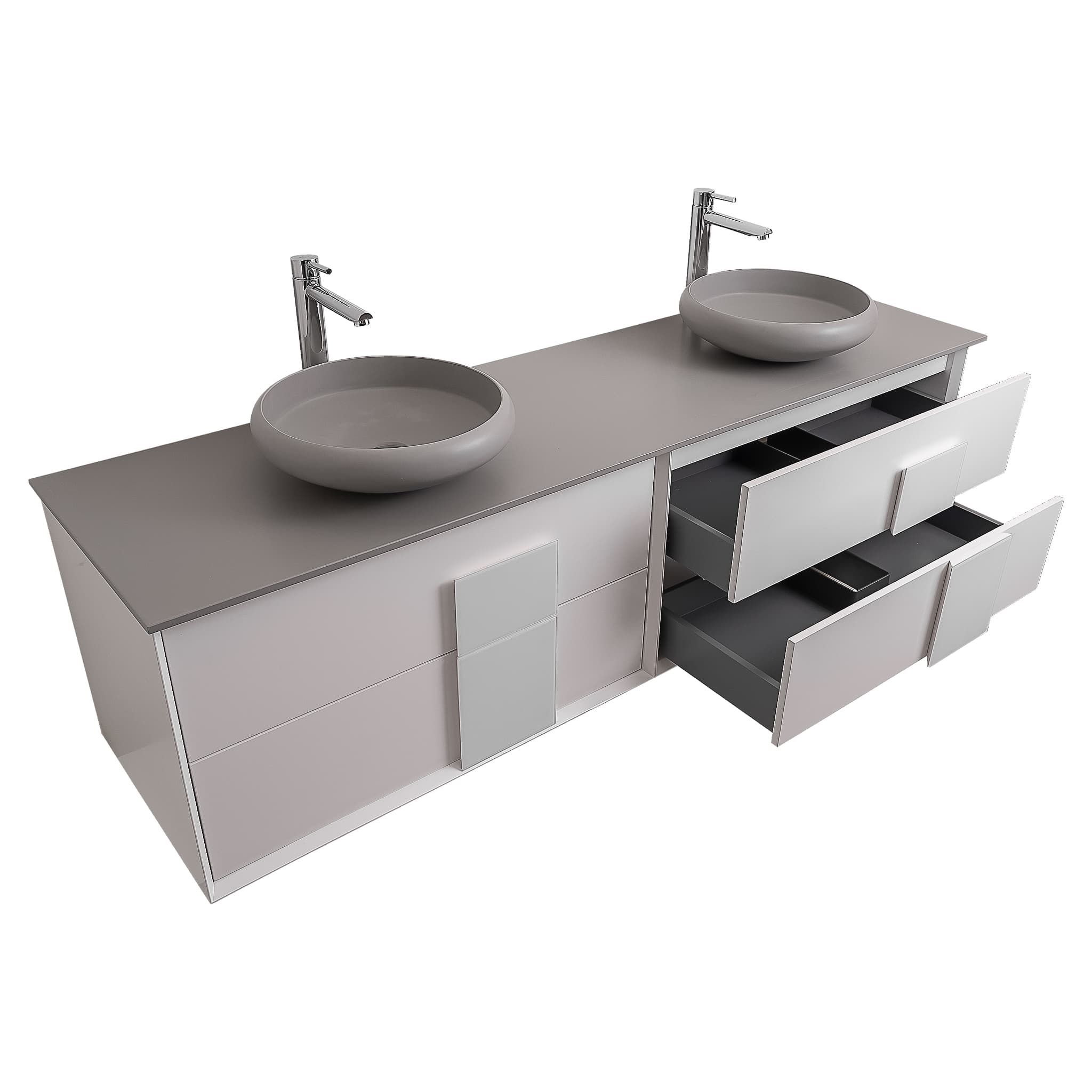 Piazza 63 Matte White With White Handle  Cabinet, Solid Surface Flat Grey Counter and Two Round Solid Surface Grey Basin 1153, Wall Mounted Modern Vanity Set