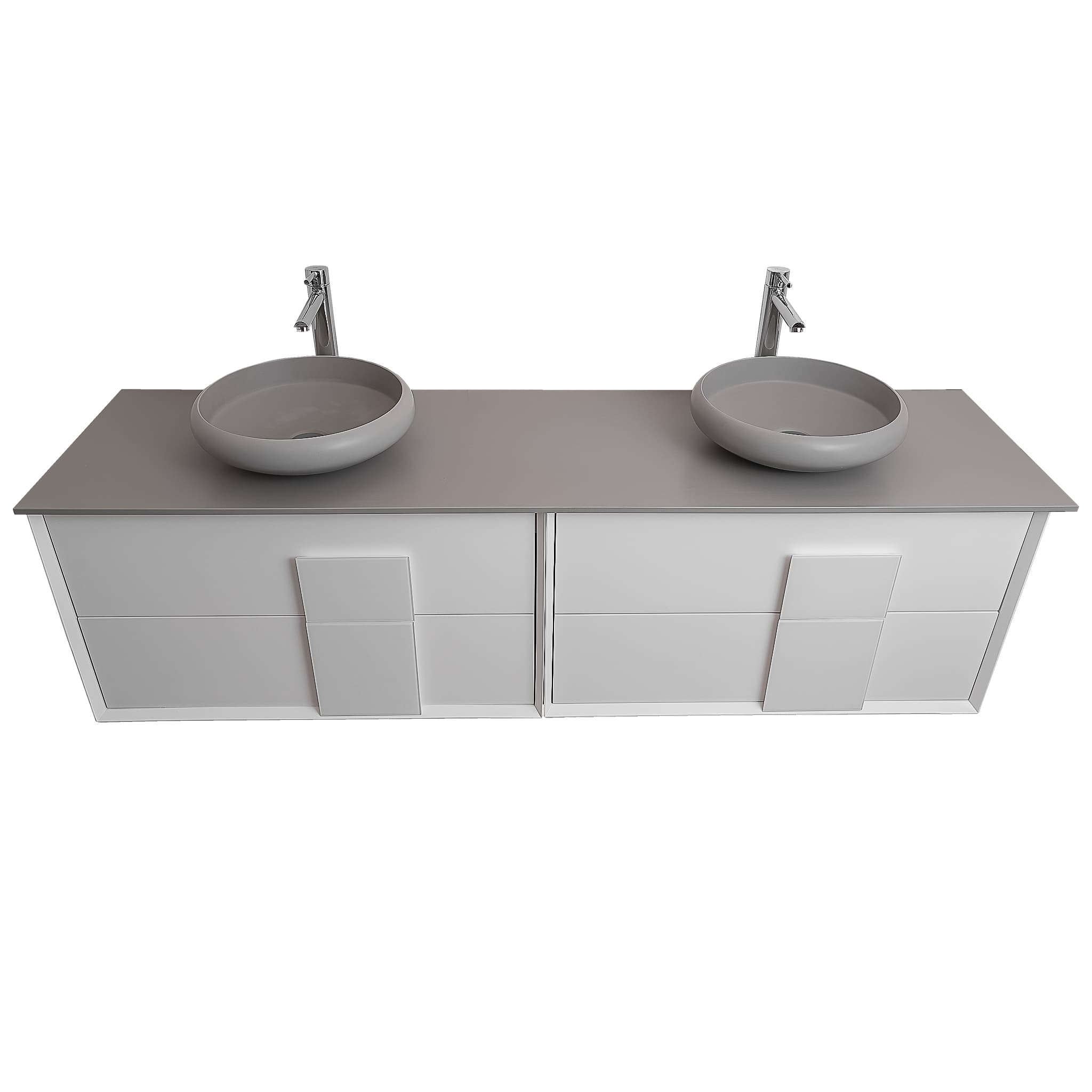 Piazza 63 Matte White With White Handle  Cabinet, Solid Surface Flat Grey Counter and Two Round Solid Surface Grey Basin 1153, Wall Mounted Modern Vanity Set