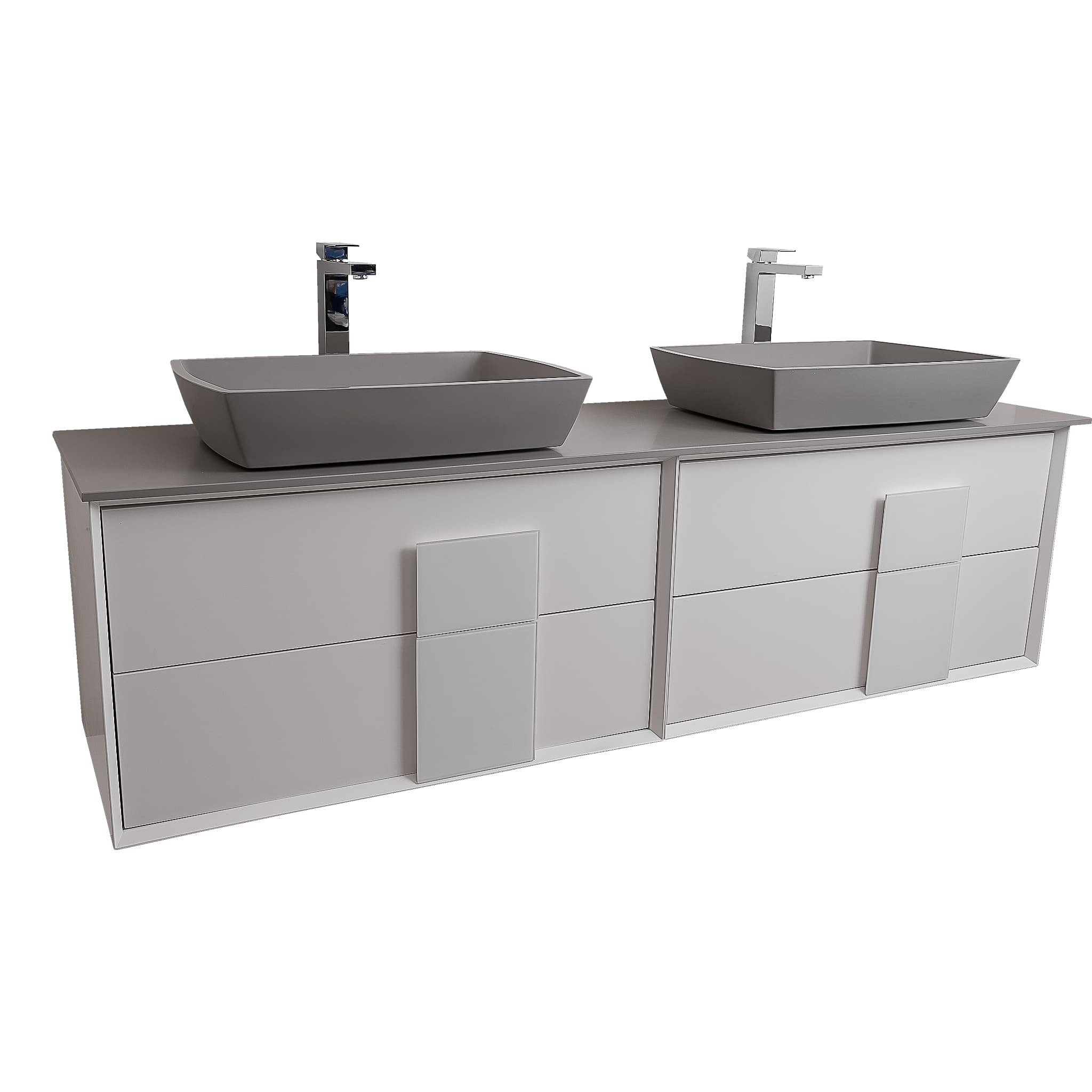 Piazza 63 Matte White With White Handle Cabinet, Solid Surface Flat Grey Counter and Two Square Solid Surface Grey Basin 1316, Wall Mounted Modern Vanity Set