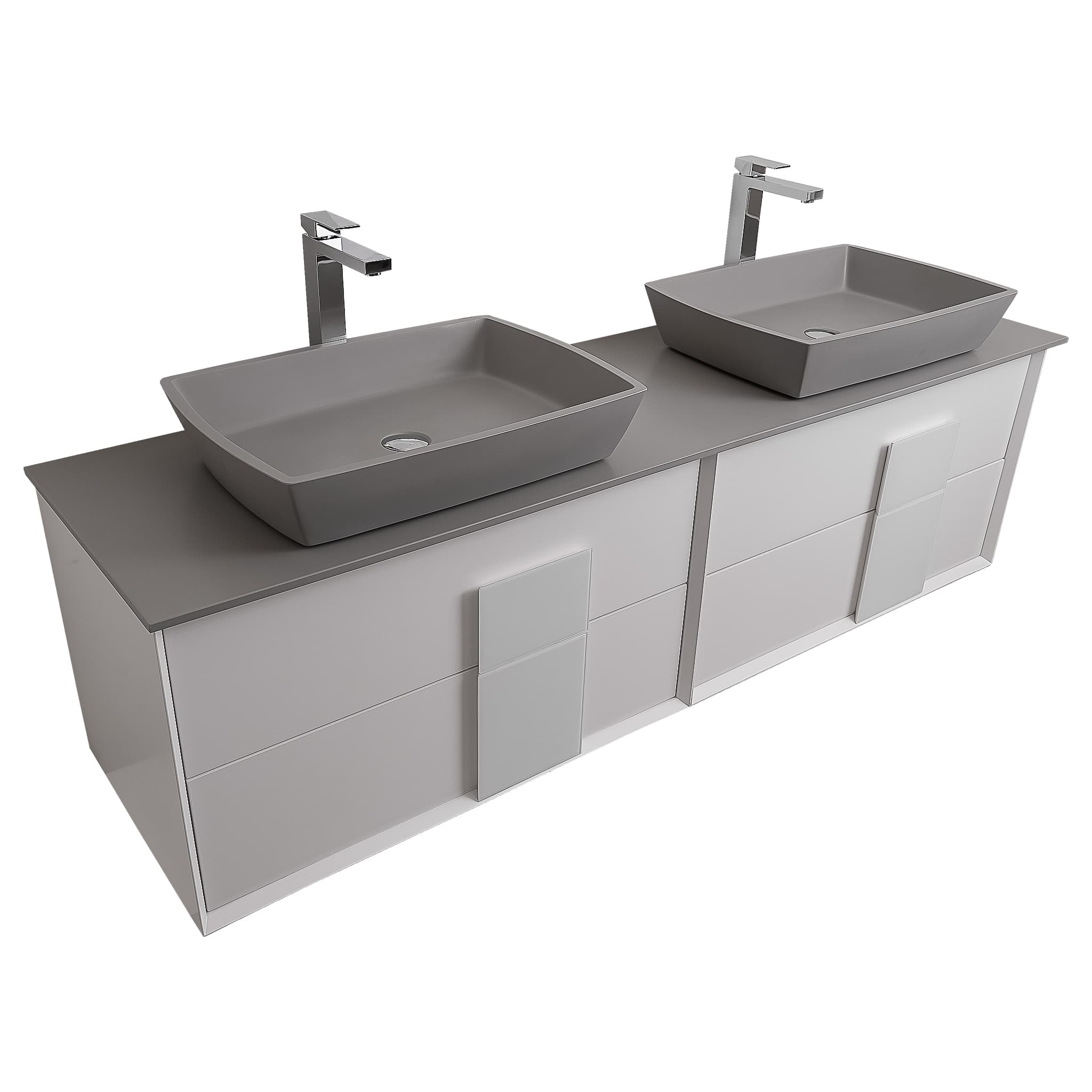 Piazza 63 Matte White With White Handle Cabinet, Solid Surface Flat Grey Counter and Two Square Solid Surface Grey Basin 1316, Wall Mounted Modern Vanity Set