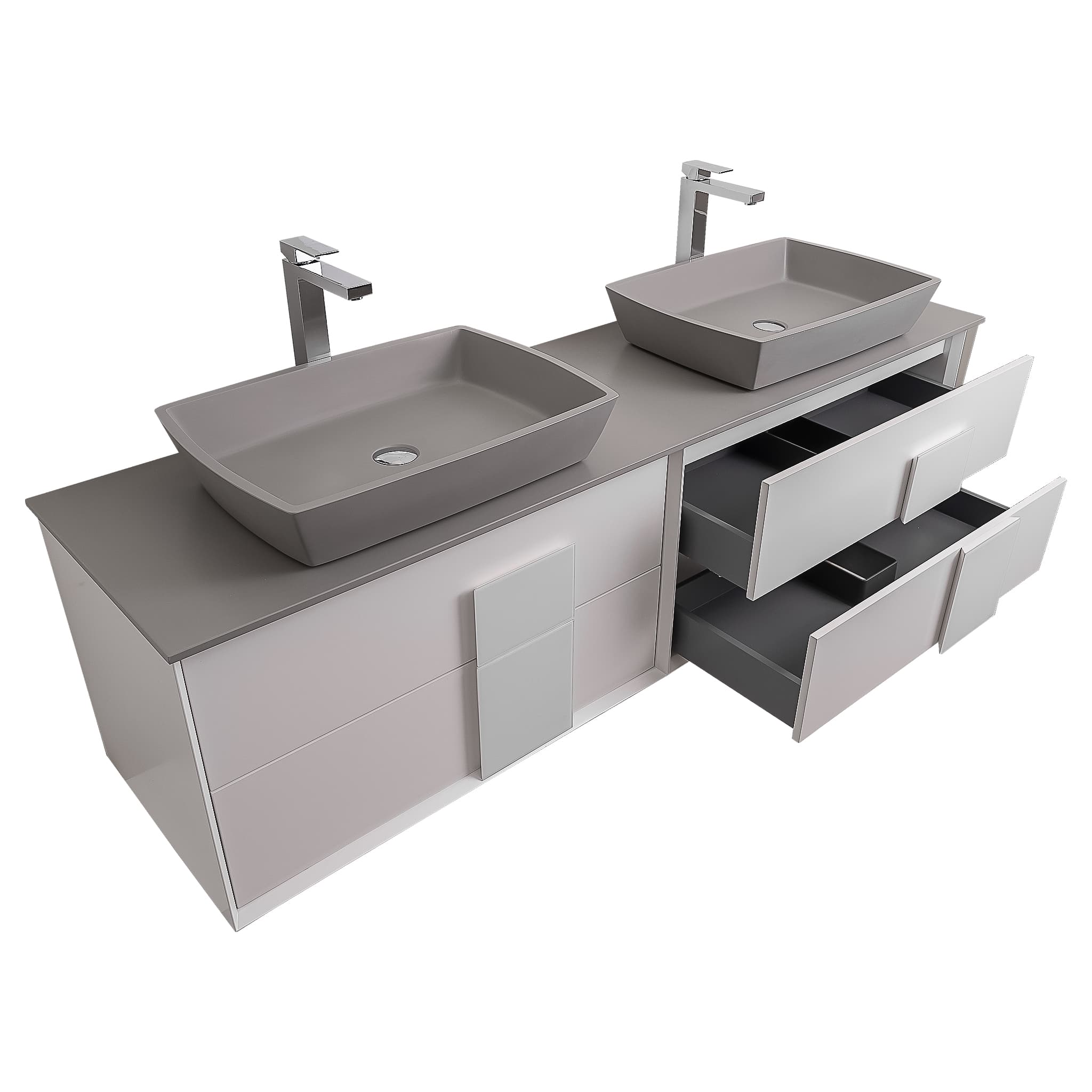 Piazza 63 Matte White With White Handle Cabinet, Solid Surface Flat Grey Counter and Two Square Solid Surface Grey Basin 1316, Wall Mounted Modern Vanity Set