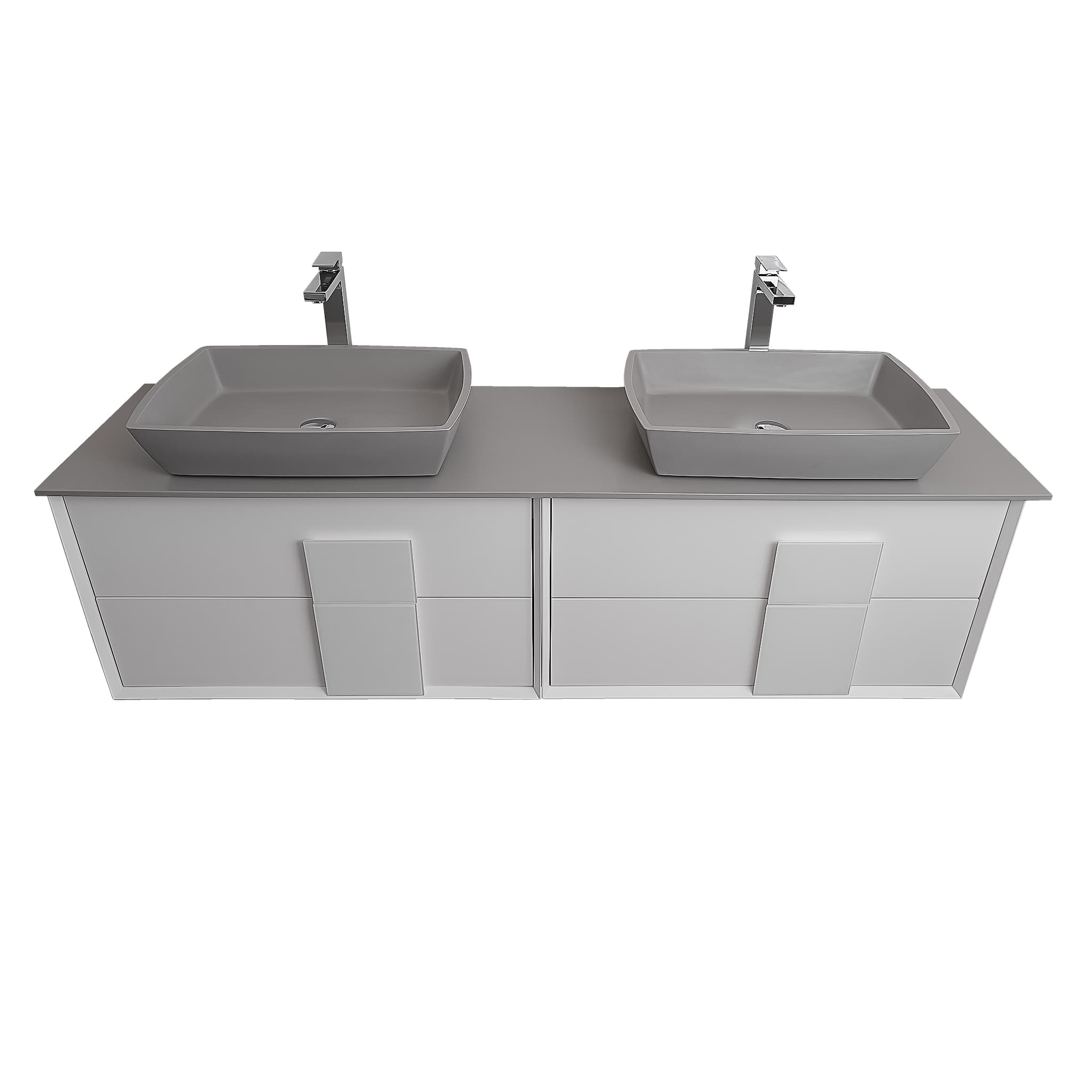 Piazza 63 Matte White With White Handle Cabinet, Solid Surface Flat Grey Counter and Two Square Solid Surface Grey Basin 1316, Wall Mounted Modern Vanity Set