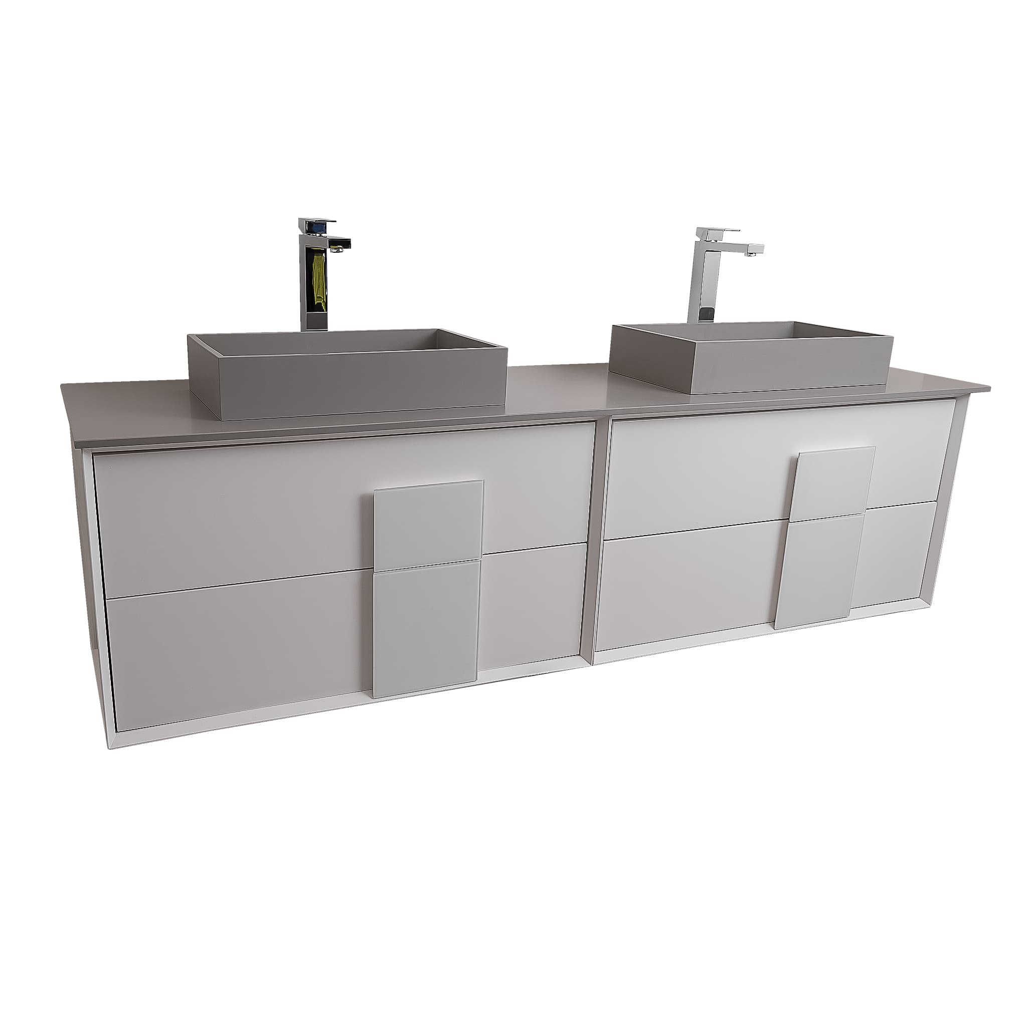 Piazza 63 Matte White With White Handle  Cabinet, Solid Surface Flat Grey Counter and Two Infinity Square Solid Surface Grey Basin 1329, Wall Mounted Modern Vanity Set