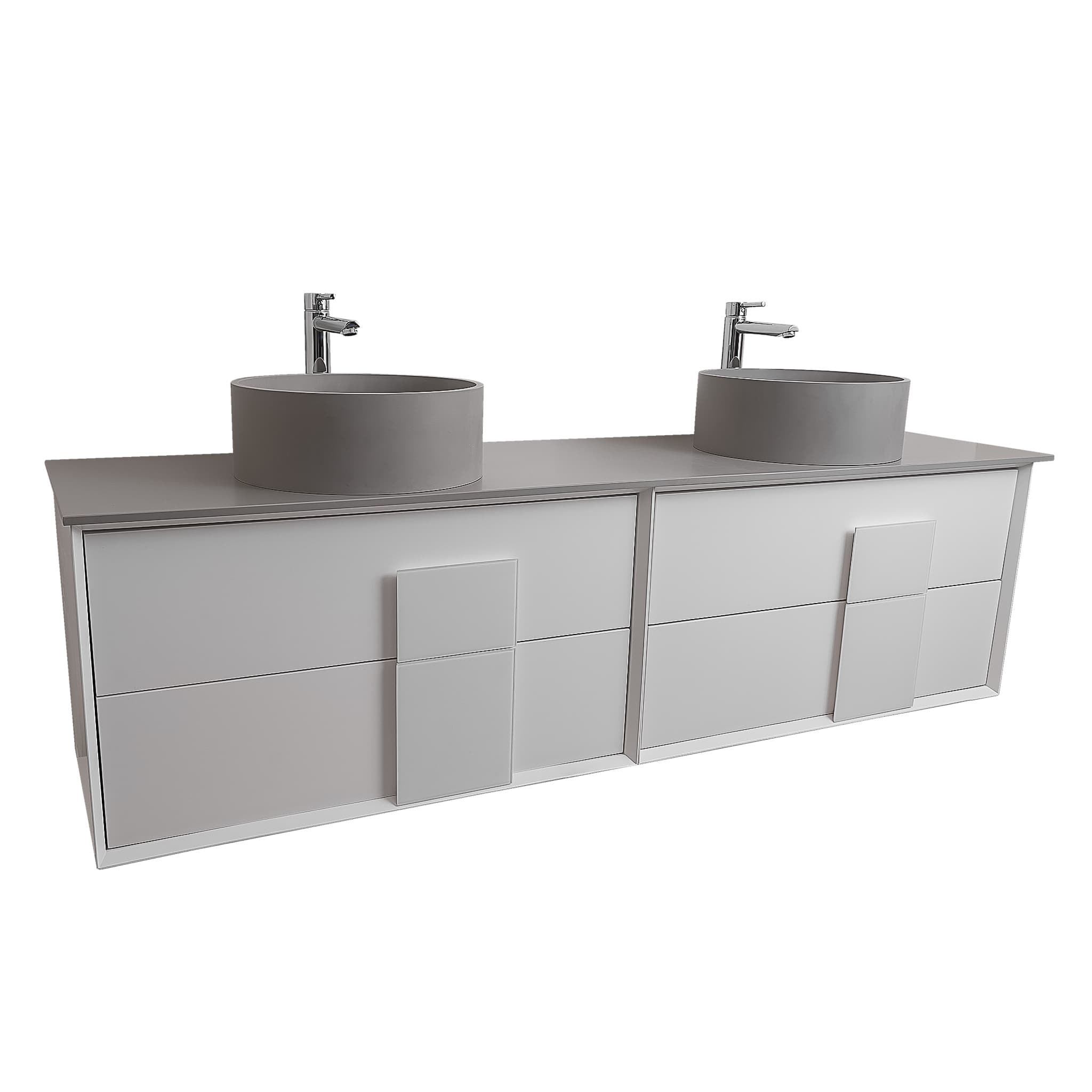 Piazza 63 Matte White With White Handle Cabinet, Solid Surface Flat Grey Counter and Two Round Solid Surface Grey Basin 1386, Wall Mounted Modern Vanity Set 