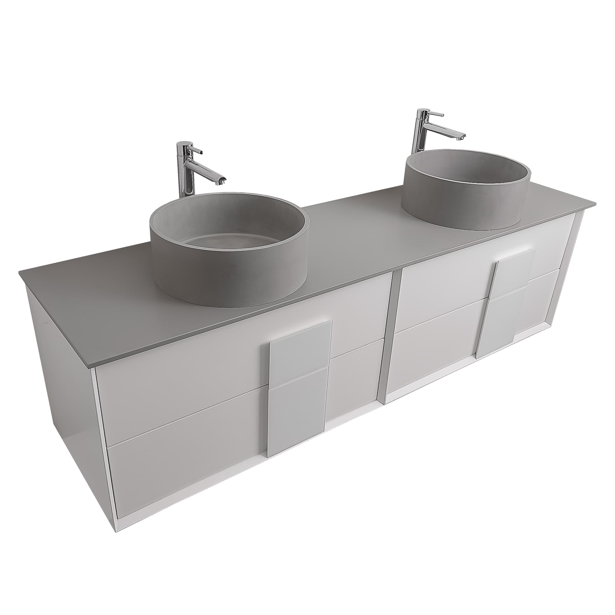 Piazza 63 Matte White With White Handle Cabinet, Solid Surface Flat Grey Counter and Two Round Solid Surface Grey Basin 1386, Wall Mounted Modern Vanity Set 