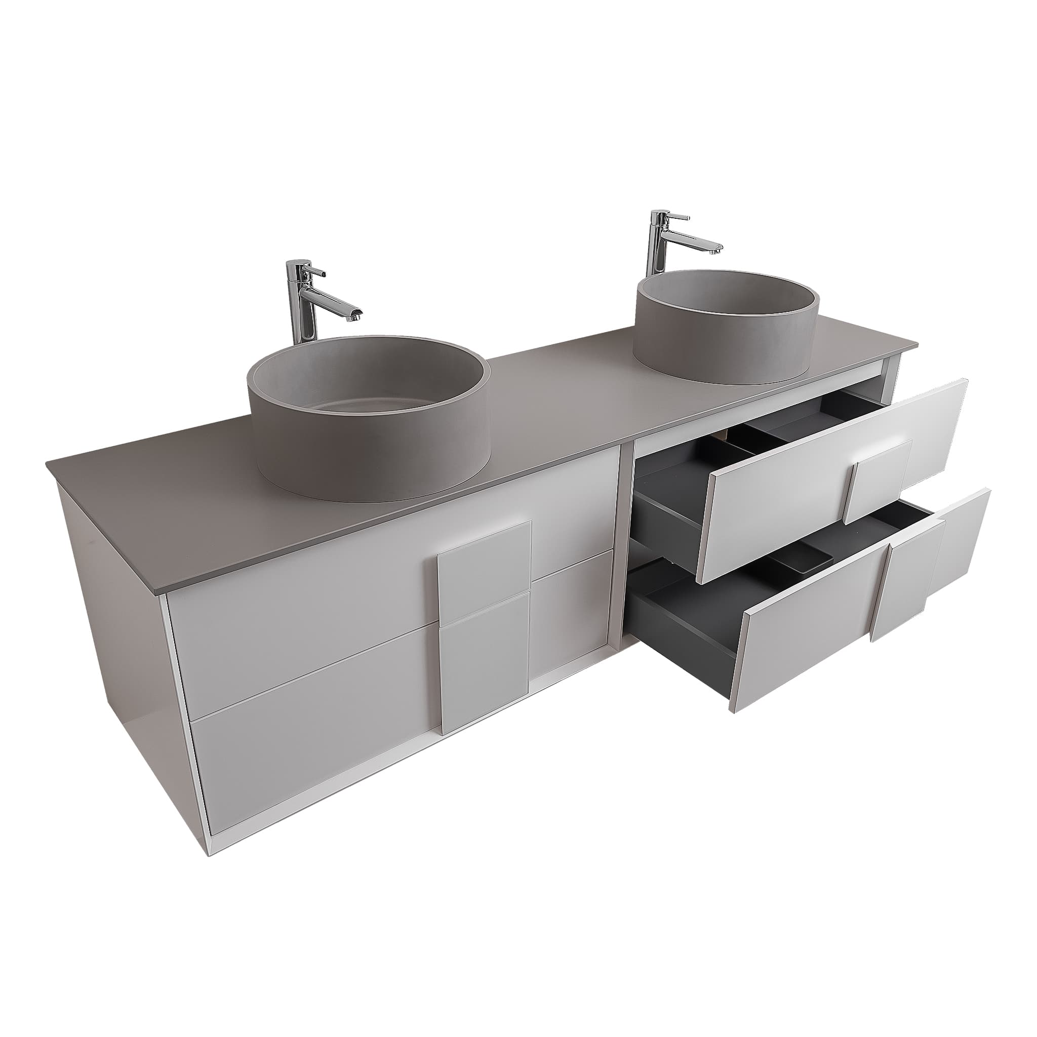 Piazza 63 Matte White With White Handle Cabinet, Solid Surface Flat Grey Counter and Two Round Solid Surface Grey Basin 1386, Wall Mounted Modern Vanity Set 