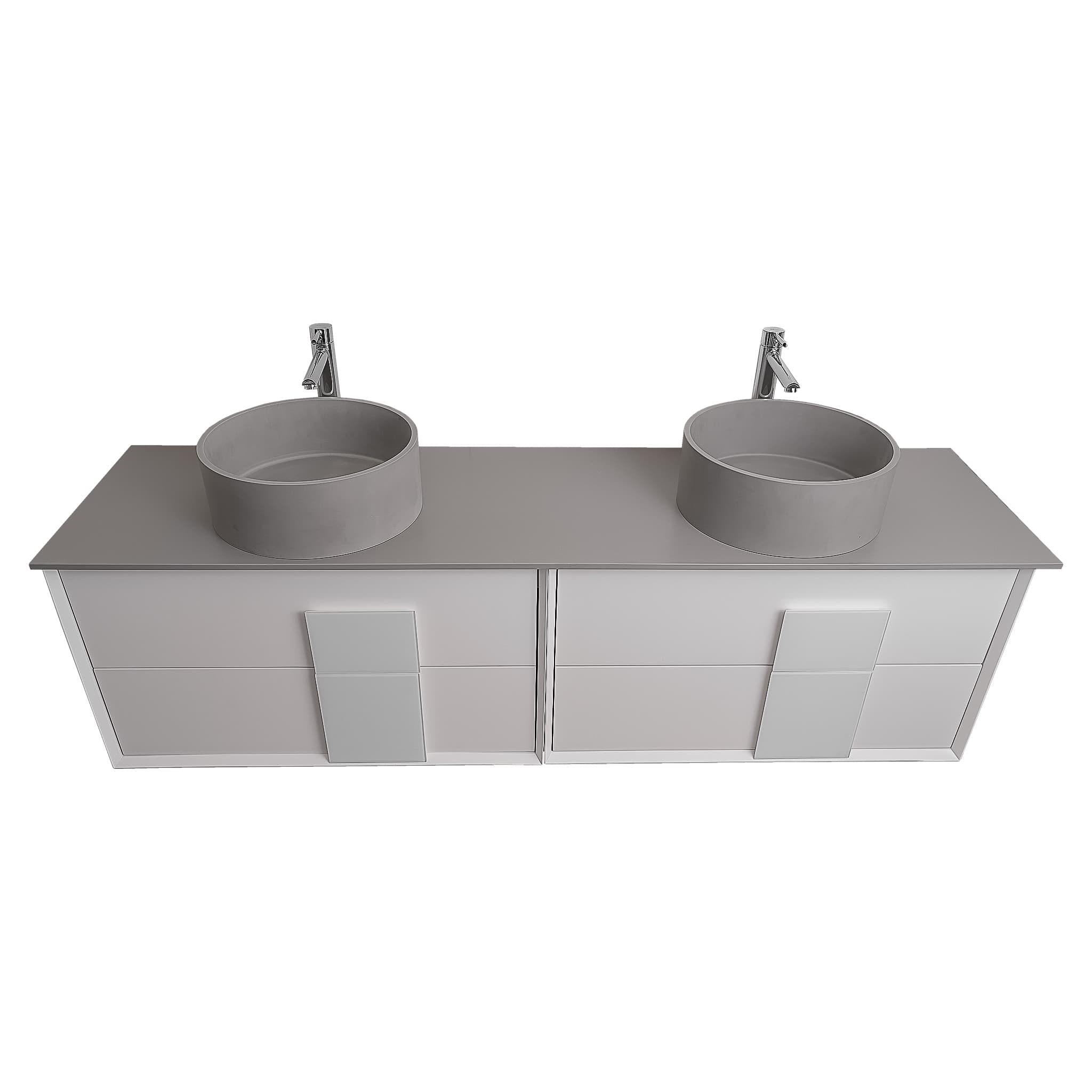 Piazza 63 Matte White With White Handle Cabinet, Solid Surface Flat Grey Counter and Two Round Solid Surface Grey Basin 1386, Wall Mounted Modern Vanity Set 