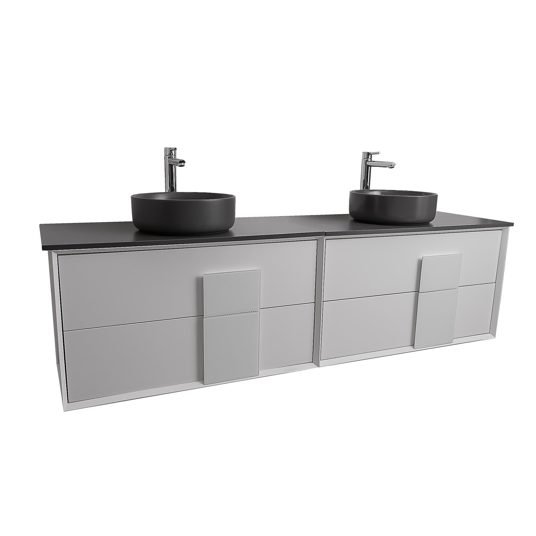 Piazza 63 Matte White With White Handle Cabinet, Ares Grey Ceniza Top and Two Ares Grey Ceniza Ceramic Basin, Wall Mounted Modern Vanity Set