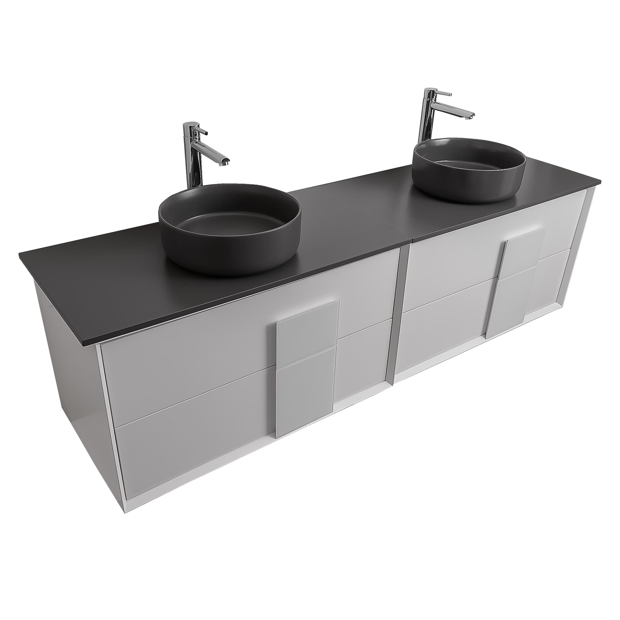 Piazza 63 Matte White With White Handle Cabinet, Ares Grey Ceniza Top and Two Ares Grey Ceniza Ceramic Basin, Wall Mounted Modern Vanity Set