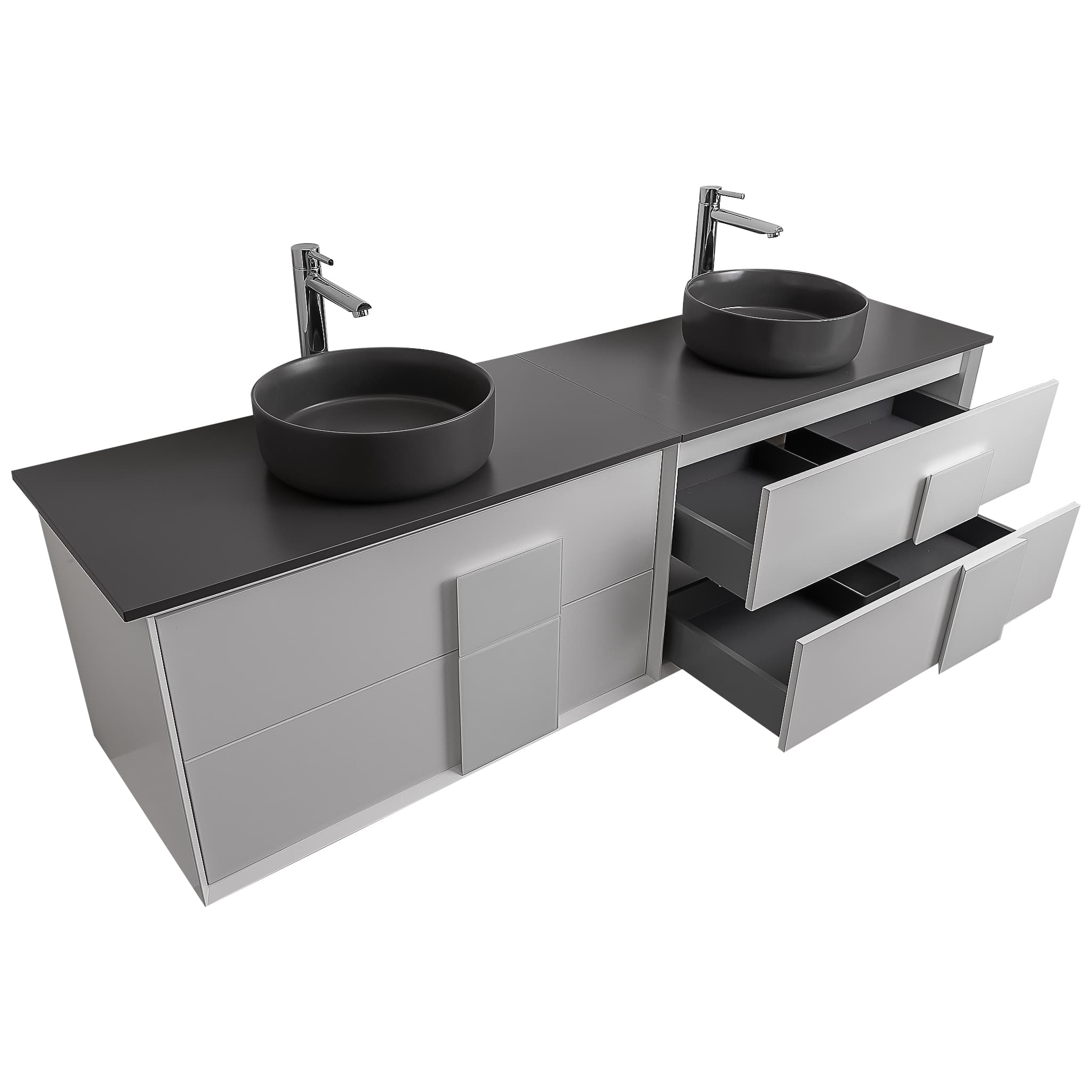 Piazza 63 Matte White With White Handle Cabinet, Ares Grey Ceniza Top and Two Ares Grey Ceniza Ceramic Basin, Wall Mounted Modern Vanity Set