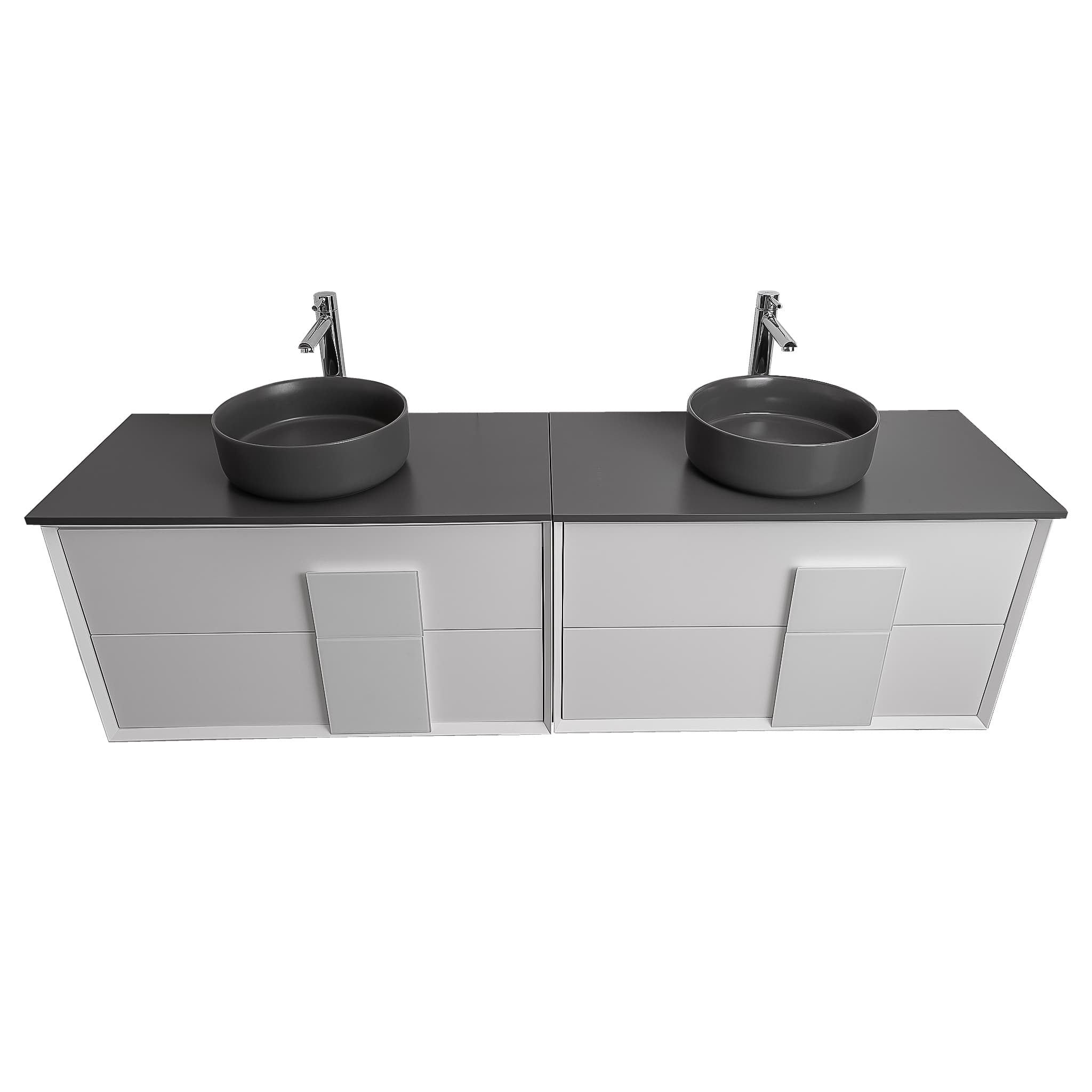 Piazza 63 Matte White With White Handle Cabinet, Ares Grey Ceniza Top and Two Ares Grey Ceniza Ceramic Basin, Wall Mounted Modern Vanity Set