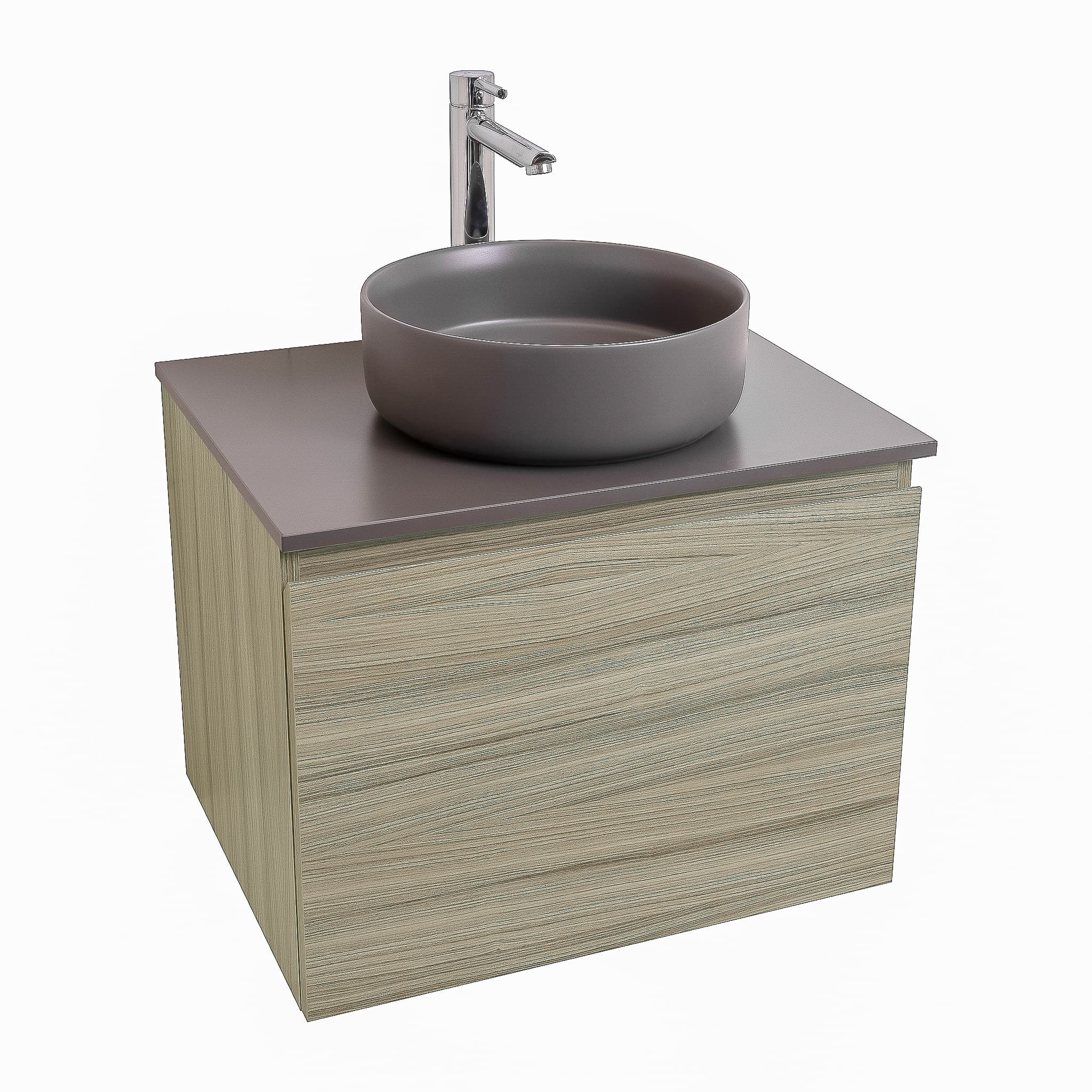 Venice 23.5 Nilo Grey Wood Texture Cabinet, Ares Grey Ceniza Top And Ares Grey Ceniza Ceramic Basin, Wall Mounted Modern Vanity Set