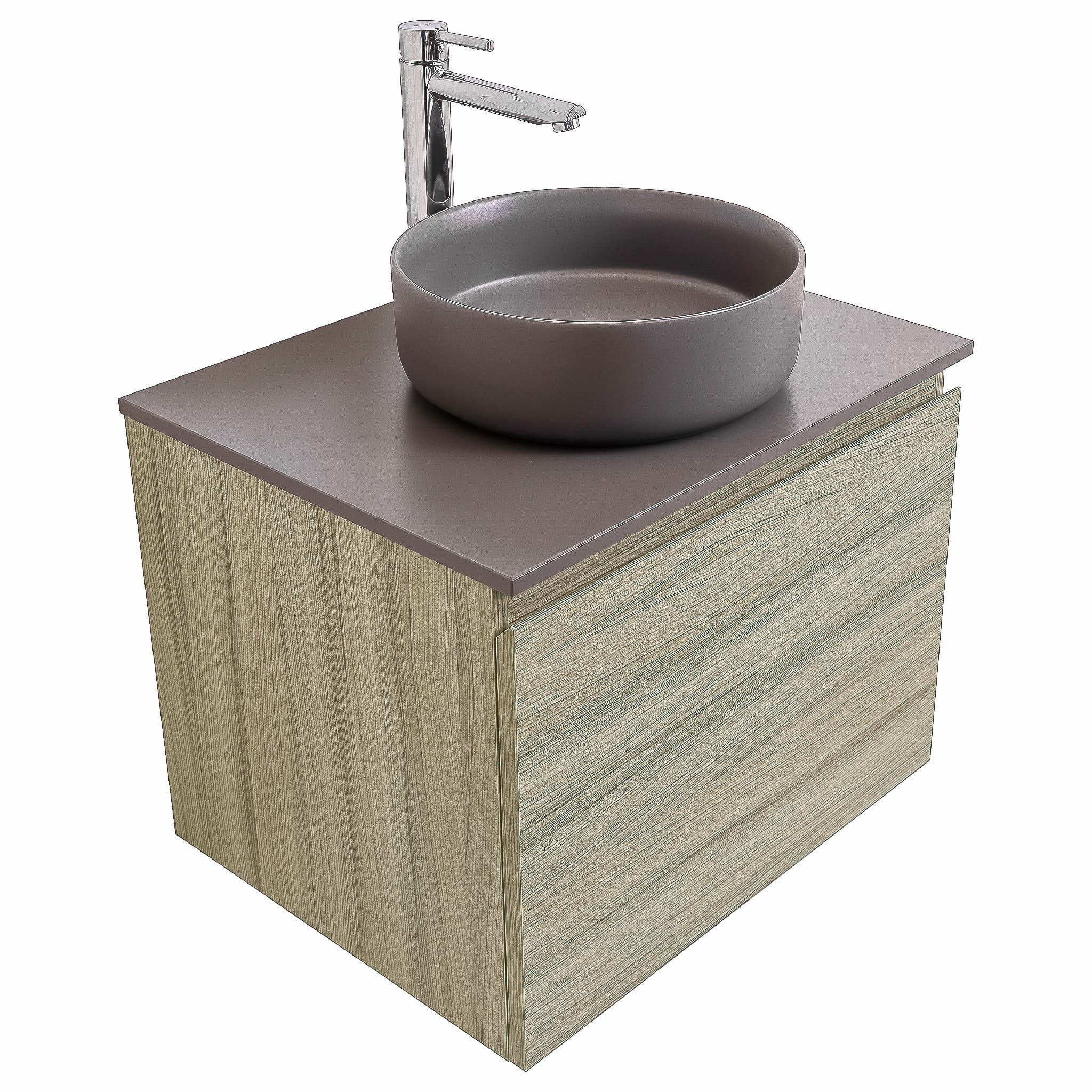 Venice 23.5 Nilo Grey Wood Texture Cabinet, Ares Grey Ceniza Top And Ares Grey Ceniza Ceramic Basin, Wall Mounted Modern Vanity Set