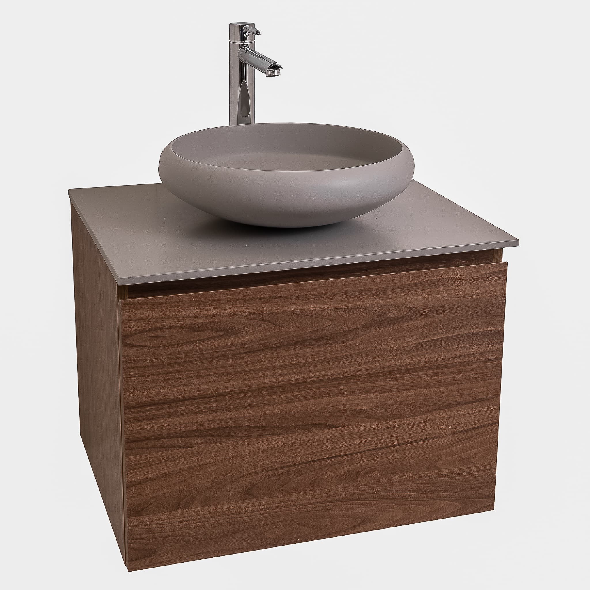 Venice 23.5 Walnut Wood Texture Cabinet, Solid Surface Flat Grey Counter And Round Solid Surface Grey Basin 1153, Wall Mounted Modern Vanity Set