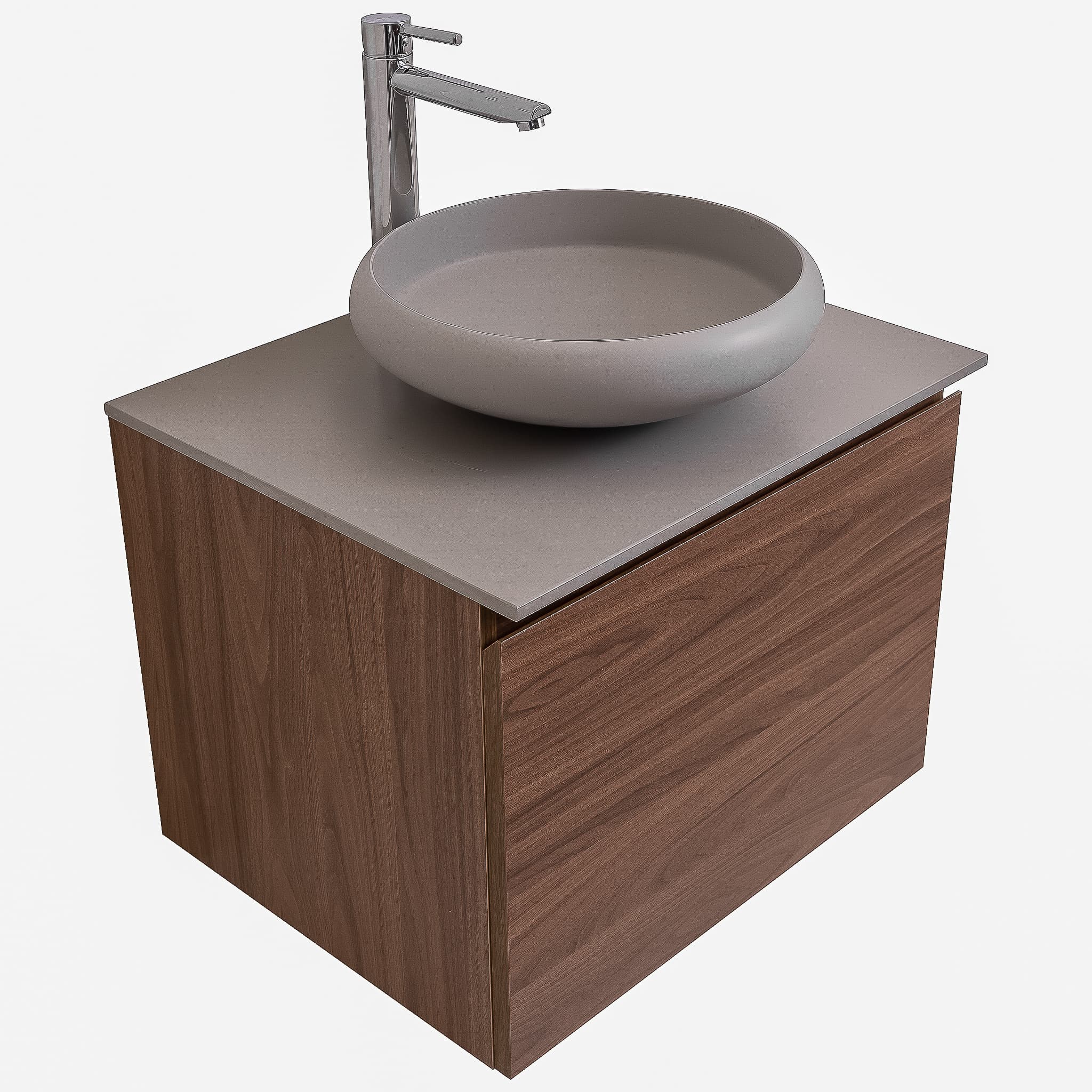 Venice 23.5 Walnut Wood Texture Cabinet, Solid Surface Flat Grey Counter And Round Solid Surface Grey Basin 1153, Wall Mounted Modern Vanity Set