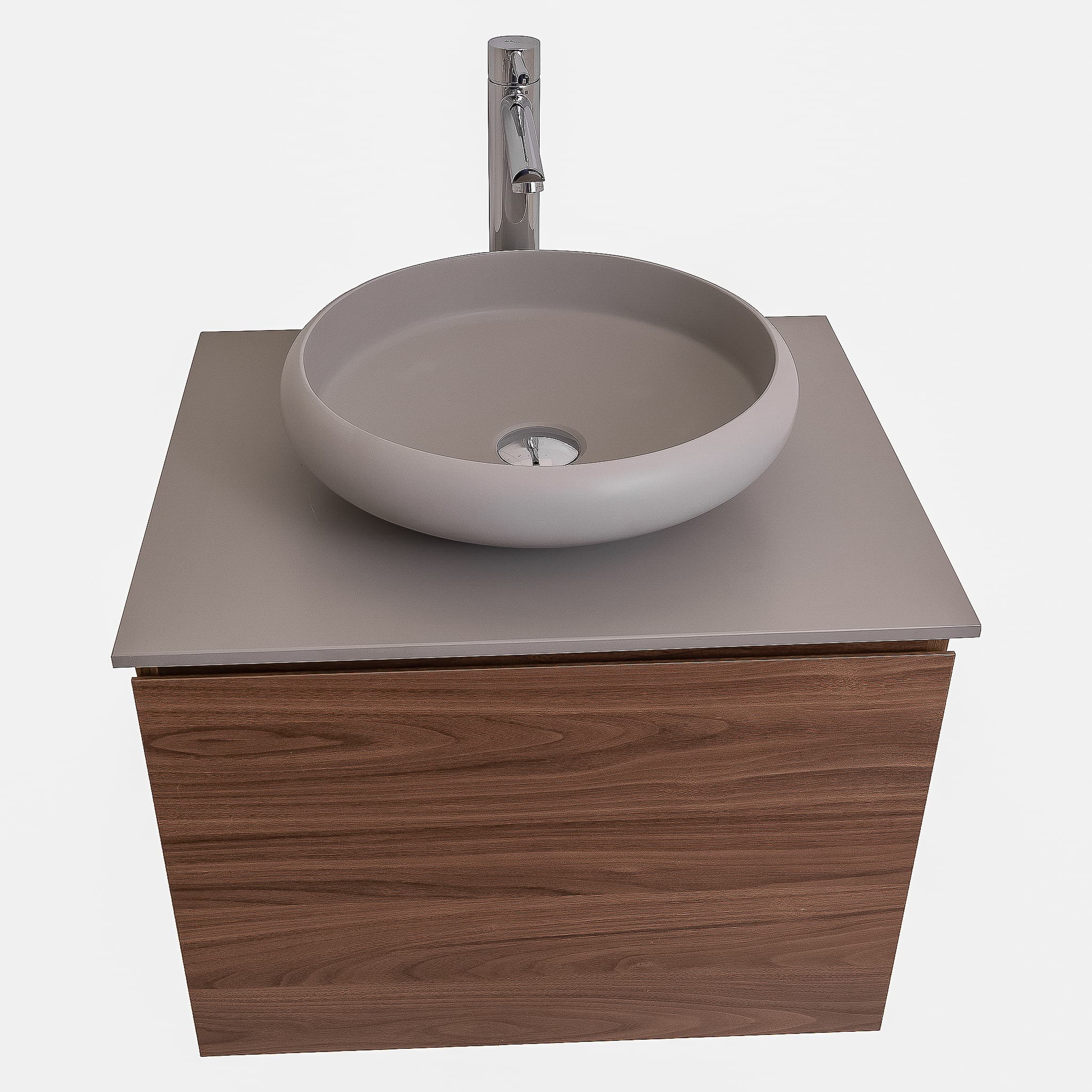 Venice 23.5 Walnut Wood Texture Cabinet, Solid Surface Flat Grey Counter And Round Solid Surface Grey Basin 1153, Wall Mounted Modern Vanity Set