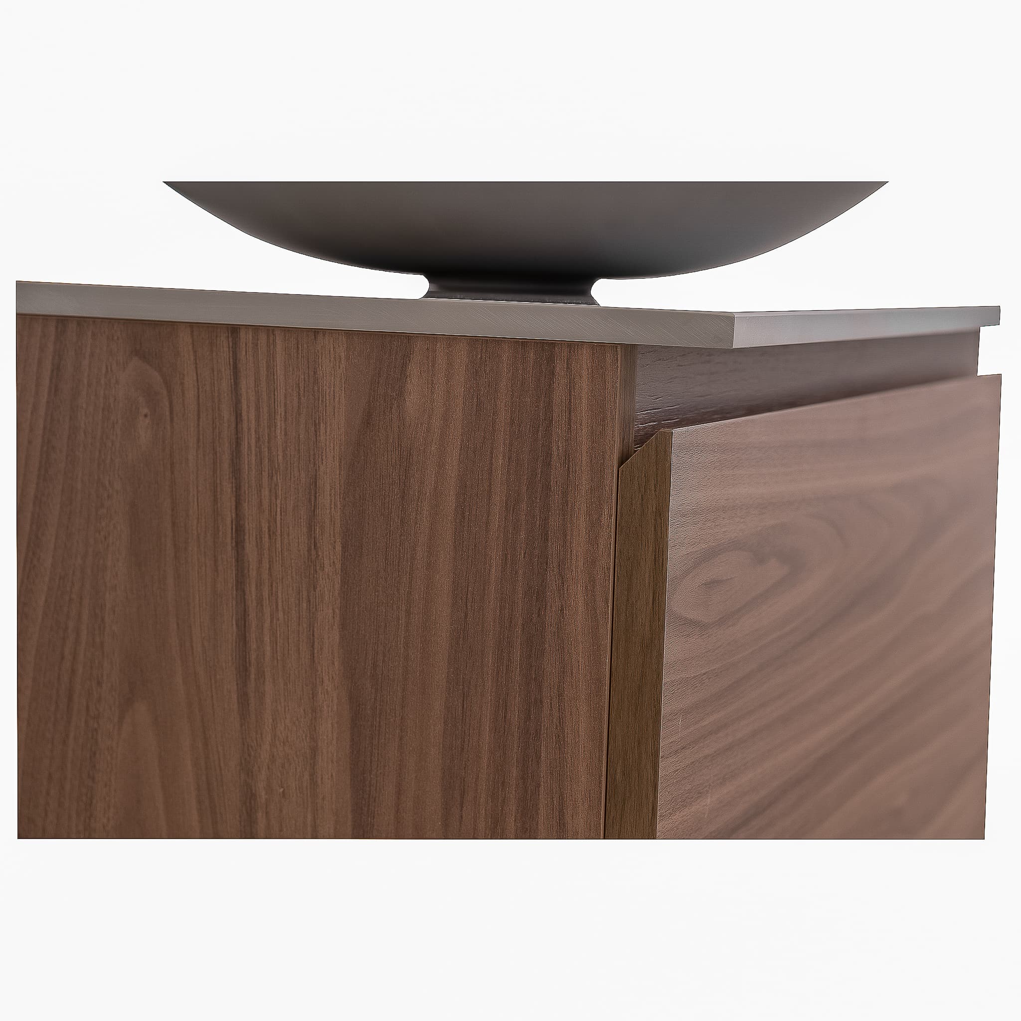 Venice 23.5 Walnut Wood Texture Cabinet, Solid Surface Flat Grey Counter And Round Solid Surface Grey Basin 1153, Wall Mounted Modern Vanity Set